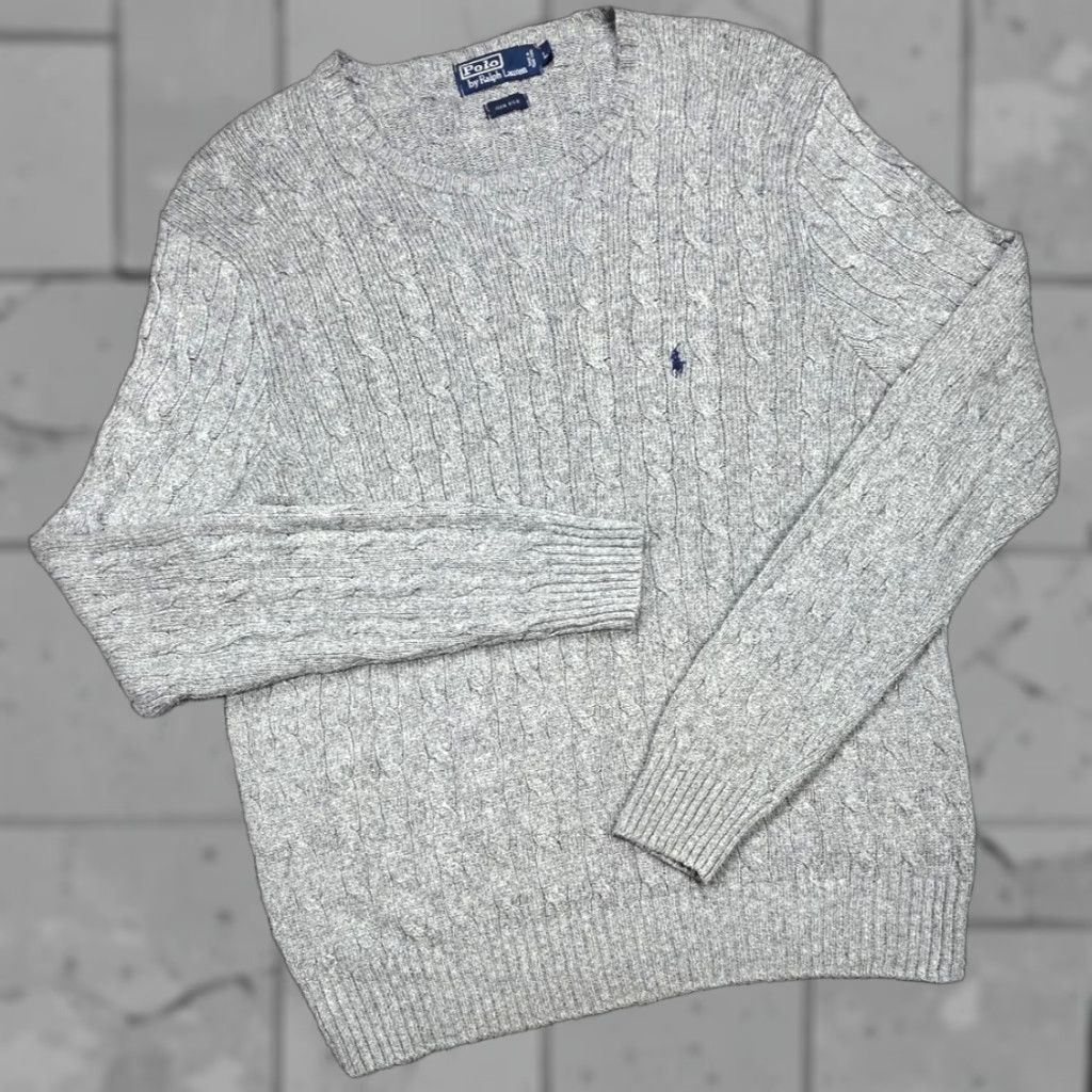 Polo Ralph Lauren VINTAGE Polo Ralph Lauren 100% Silk Sweater Gray Mens XL Cable Knit Blue Pony Size US XL / EU 56 / 4 - 1 Thumbnail