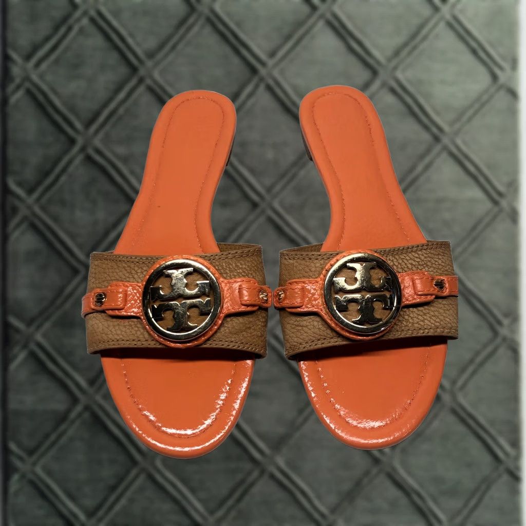 Tory Burch Tory Burch Sandal Slides Women Size 9.5 Custom Tan/Orange Logo Medallion Leather Miller Leticia Flat Slip On Size US 10 / IT 40 - 1 Thumbnail