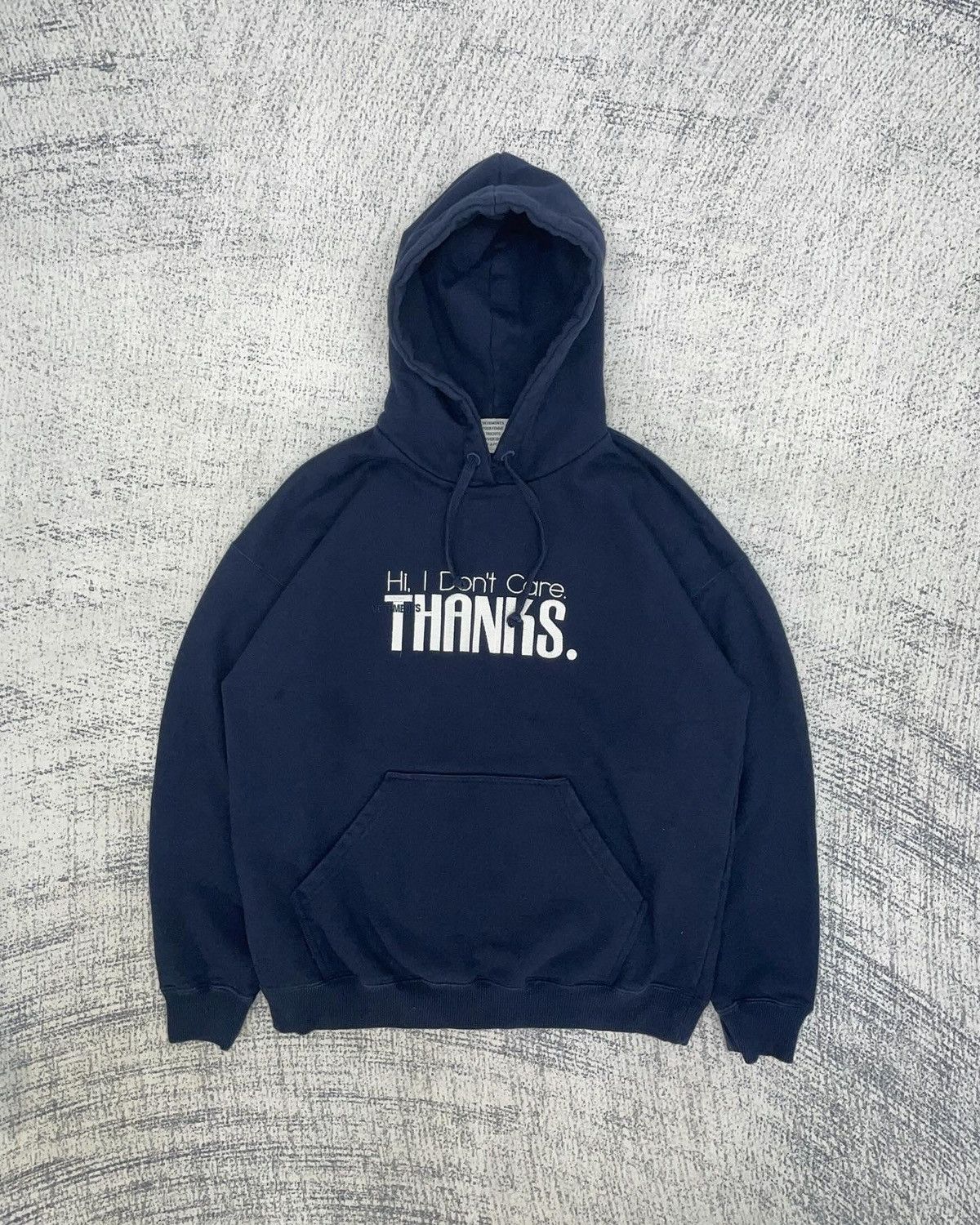 image of Vetements Aw18 “Hi,i Don’T Care.thanks.” Hoodie in Navy, Men's (Size Small)