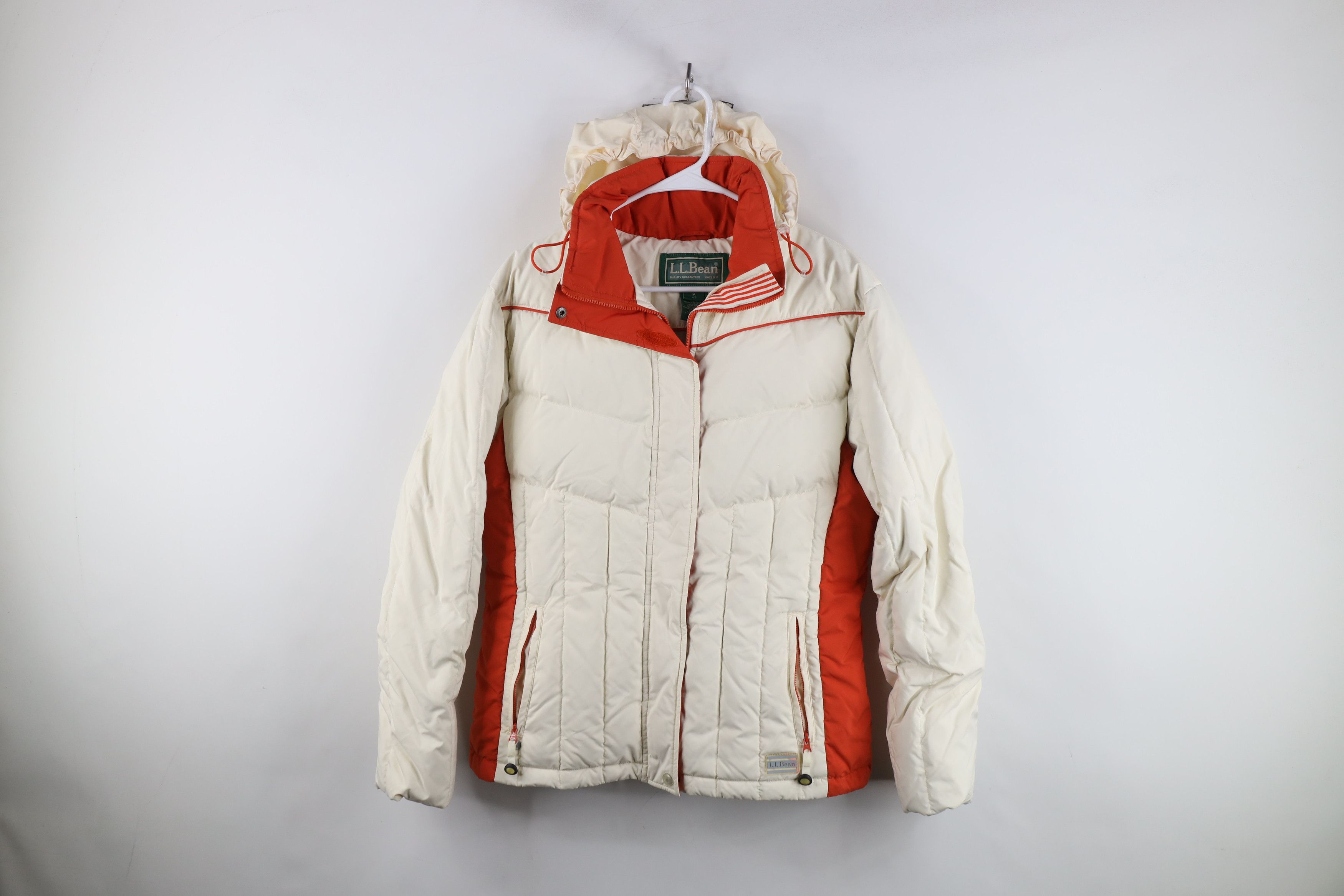 Vintage LL Bean Block Duck Down Hooded Puffer Jacket Cream