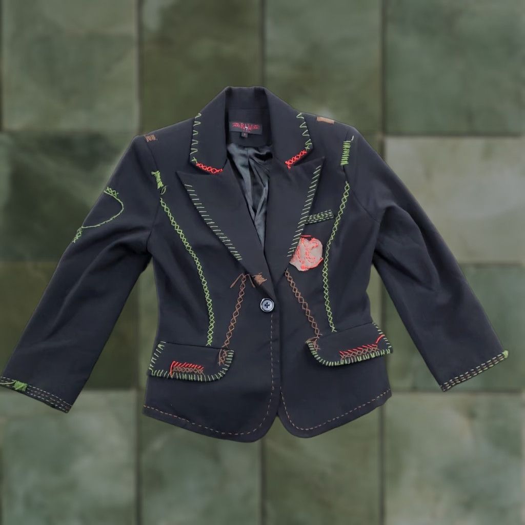 Vintage Vtg Raw 7 Blazer Womens Small Black Embroidered Patchwork Stretch Jacket Size S / US 4 / IT 40 - 1 Thumbnail