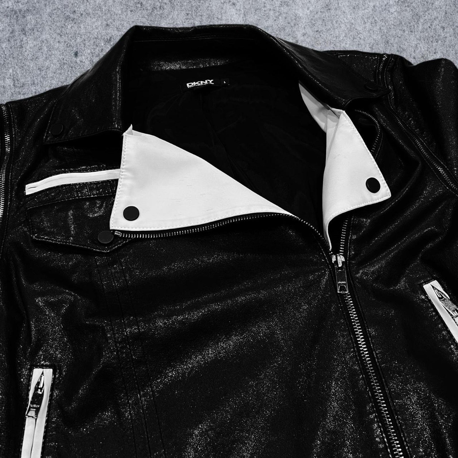 DKNY DKNY Faux Leather Black & White Y2K Moto Jacket Size L / US 10 / IT 46 - 2 Thumbnail