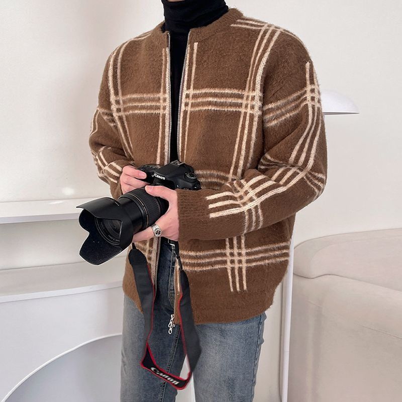image of Brown Flannel Full Zip Cardigan Sweater, Men's (Size Large)