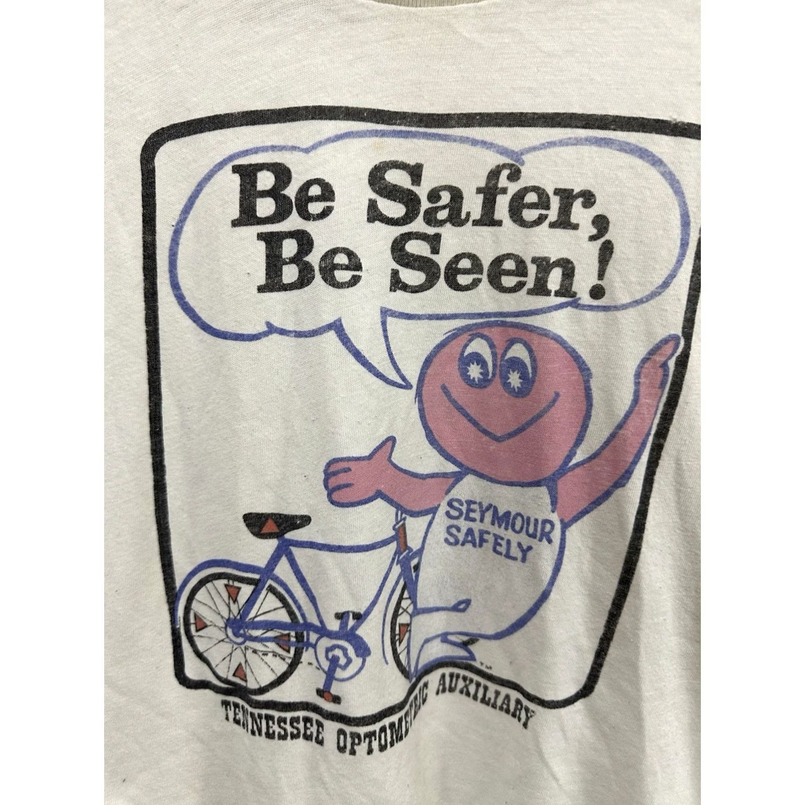 Vintage VINTAGE 80s Be Safer Be Seen Optometric Auxiliary Eye Paper Thin Worn T-Shirt M Adult Mens White Size US M / EU 48-50 / 2 - 4 Thumbnail