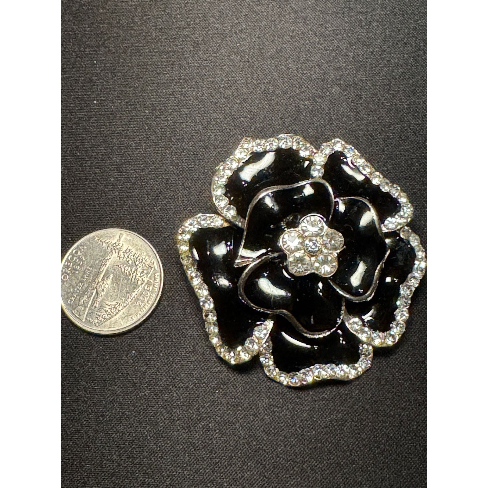 Other Large Black & Silver Enamel with Crystals Flower Brooch Size ONE SIZE - 3 Thumbnail
