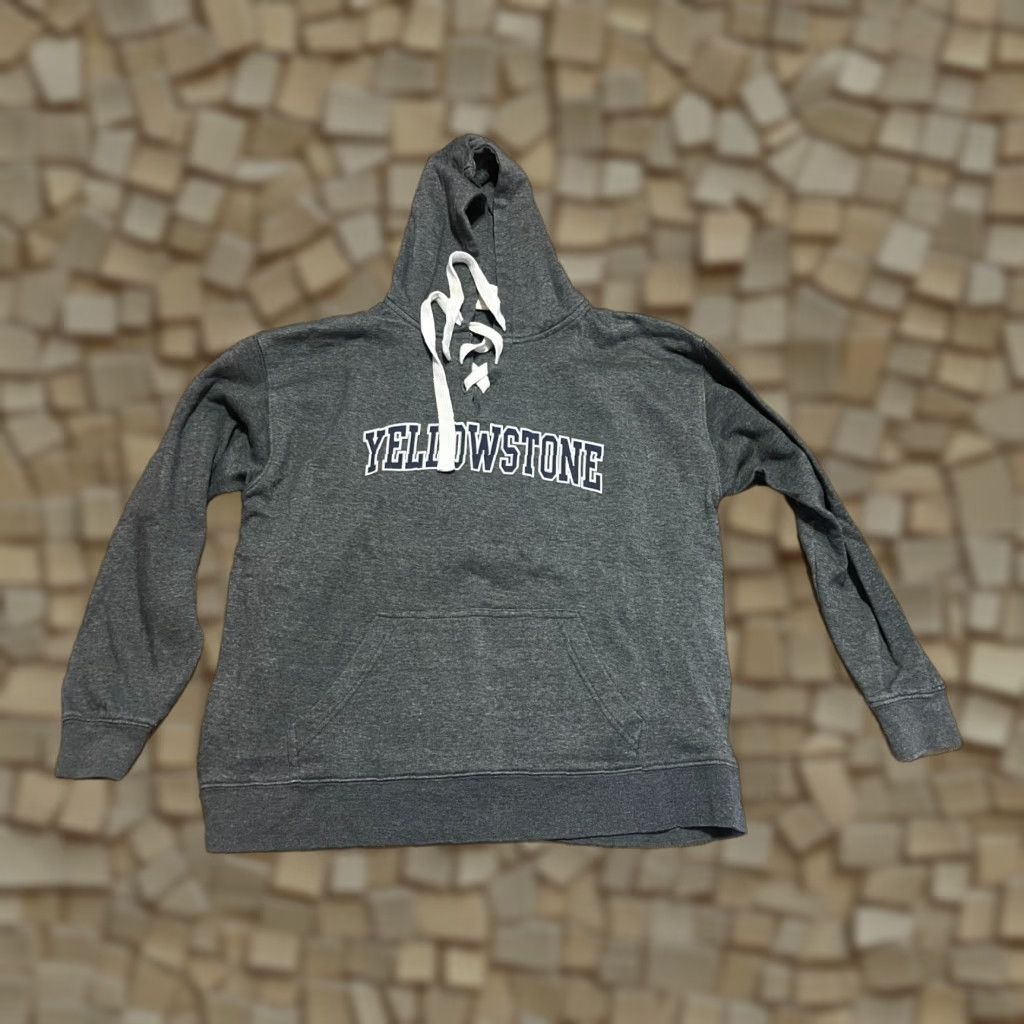 Vintage RetroVision Hoodie Women's Large Black V-neck Drawstring Pullover YELLOWSTONE Size L / US 10 / IT 46 - 1 Thumbnail