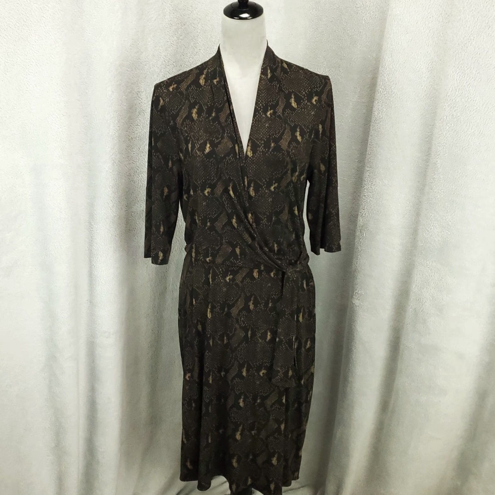 Vintage Tahari Dress Womens Large Black Brown Snake Print Faux Wrap V-Neck Stretch Size L / US 10 / IT 46 - 2 Thumbnail