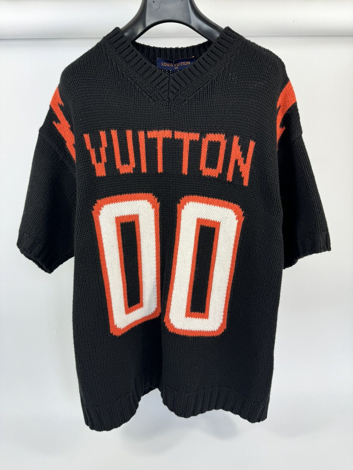 image of Louis Vuitton x Virgil Abloh Knitted Intarsia Football Jumper in Black, Men's (Size XL)