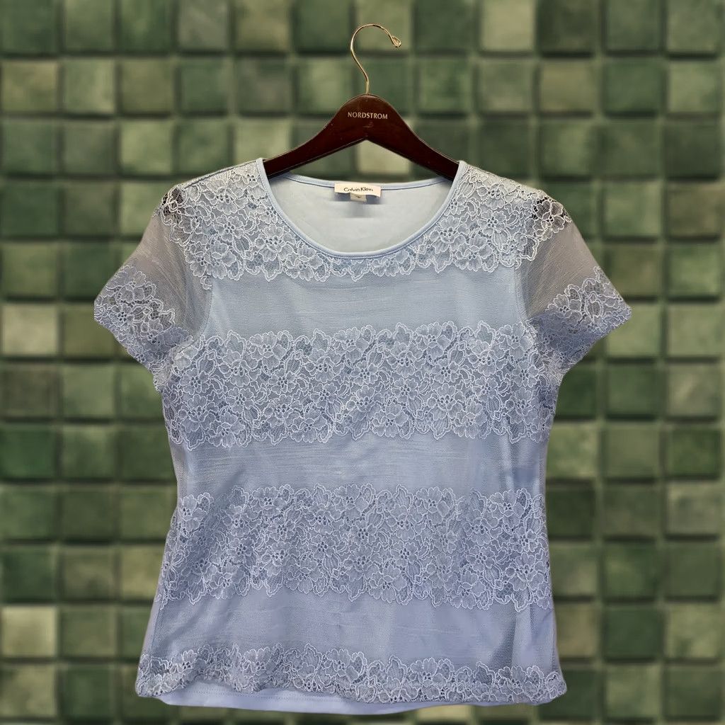 Calvin Klein Calvin Klein Blouse Shirt Women M Blue Lace Overlay Short Sleeve Top-4802 Size 32" / US 10 / IT 46 - 1 Thumbnail