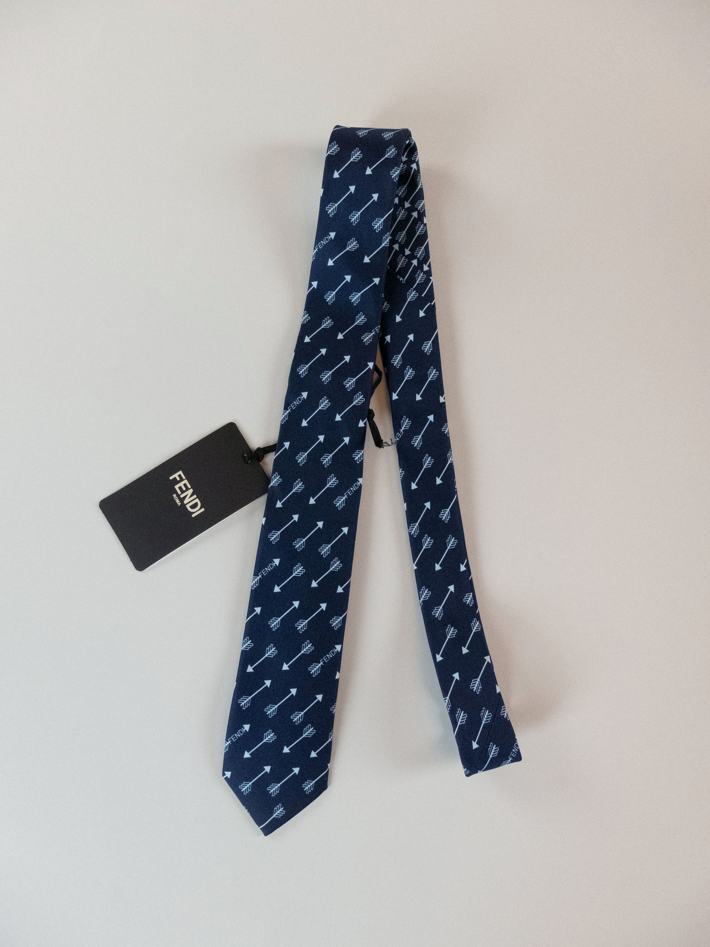 Fendi FENDI navy blue arrow & logo print skinny silk tie NWT Size ONE SIZE - 1 Thumbnail