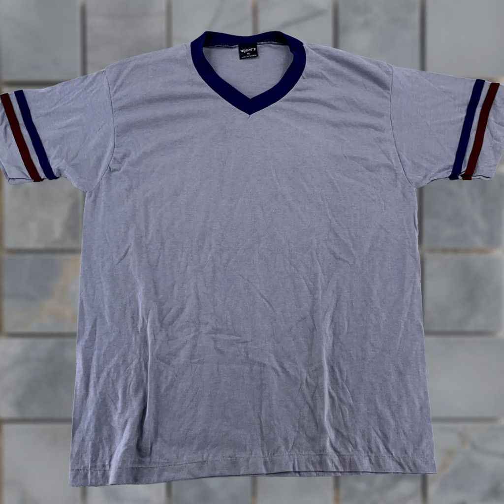Vintage VINTAGE Wright's Shirt Mens L/XL Gray Blue Red Jersey Ringer Athletic Tee 80s Size US L / EU 52-54 / 3 - 1 Thumbnail
