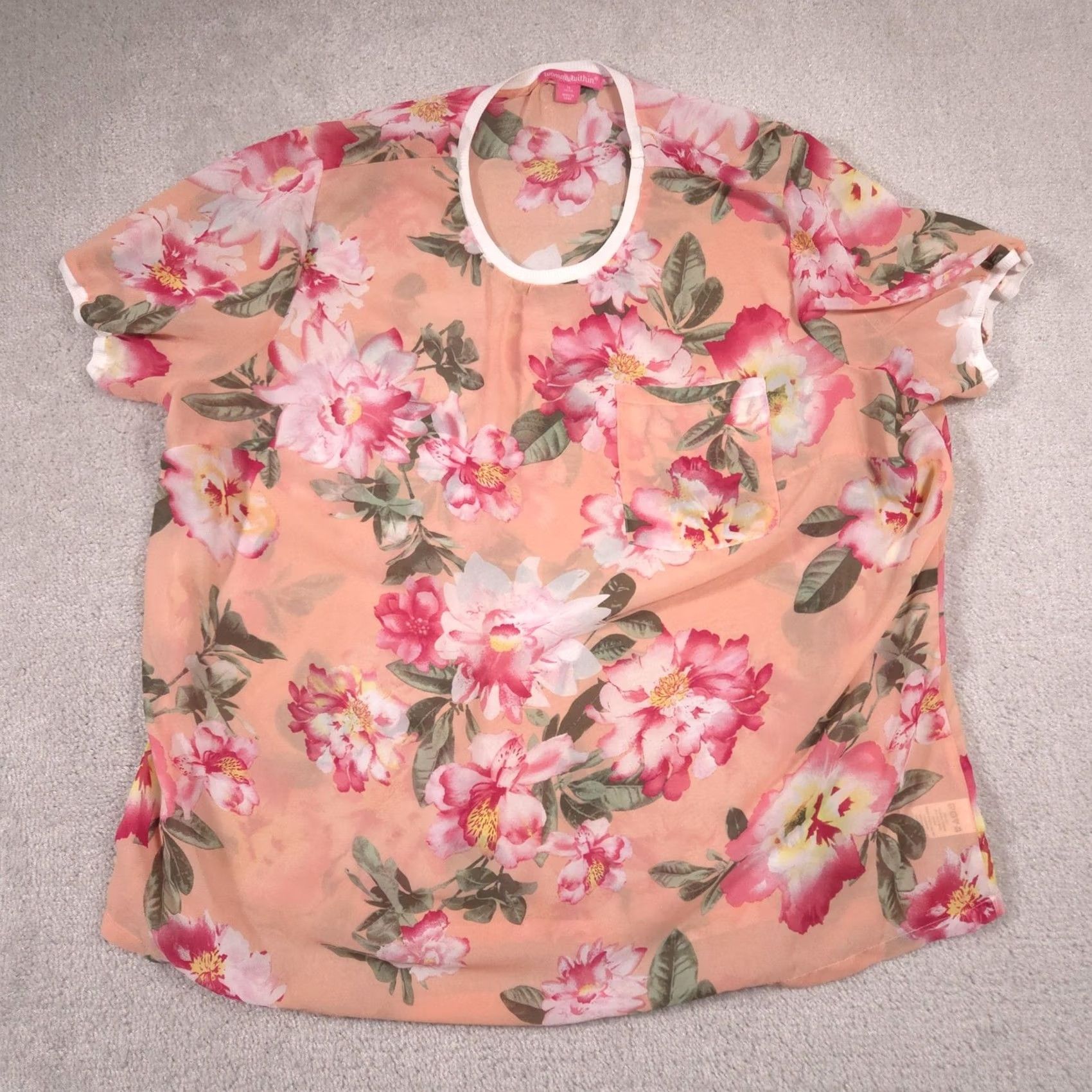 Vintage Woman Within Blouse Womens 1X Pink Floral Sheer Dolman Sleeve Chiffon Tunic Top Size XL / US 12-14 / IT 48-50 - 2 Thumbnail