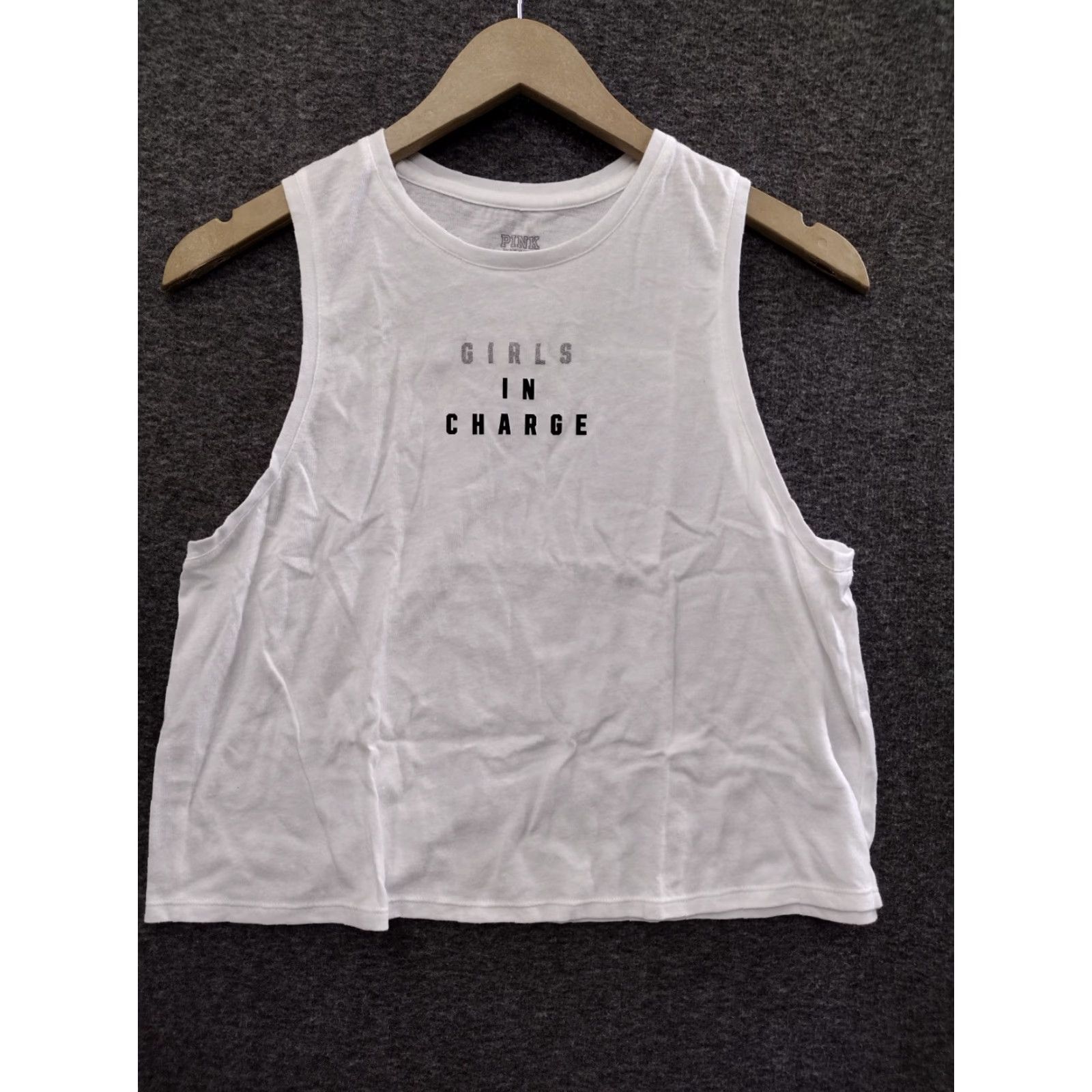 Victoria's Secret PINK Victoria's Secret Crop Tank-Top Logo Girls In Charge Sleeveless White Small Tank Top Women Adult Regular Cotton Blend Shirt/Top Size S / US 4 / IT 40 - 3 Thumbnail