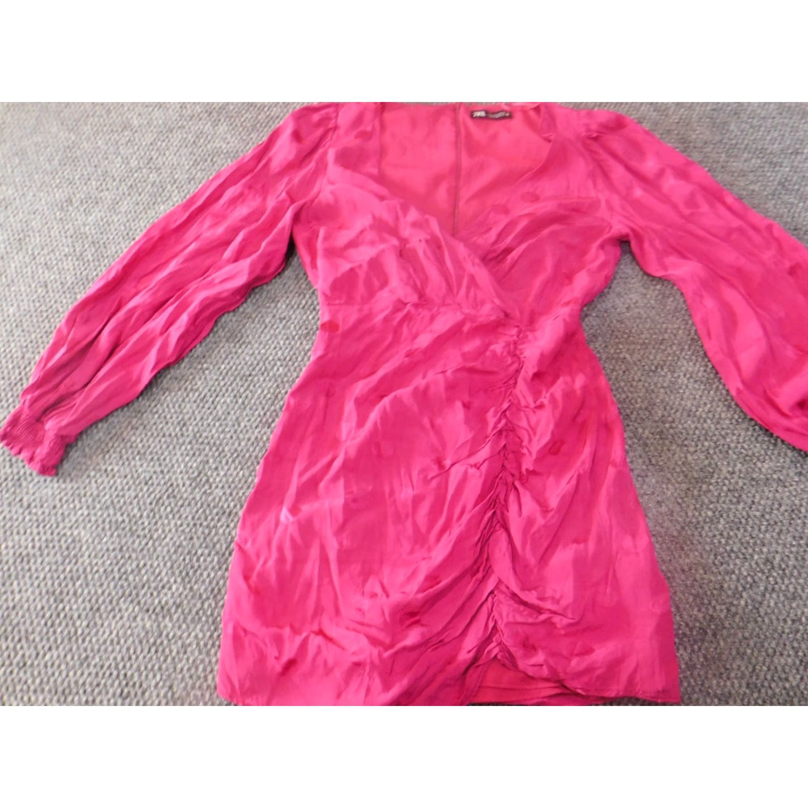 Zara Zara Dress Mini Dress S Pink A-line ruched v-neck Dolman Sleeve Polyester Rayon solid long sleeve Women Size S / US 4 / IT 40 - 3 Thumbnail