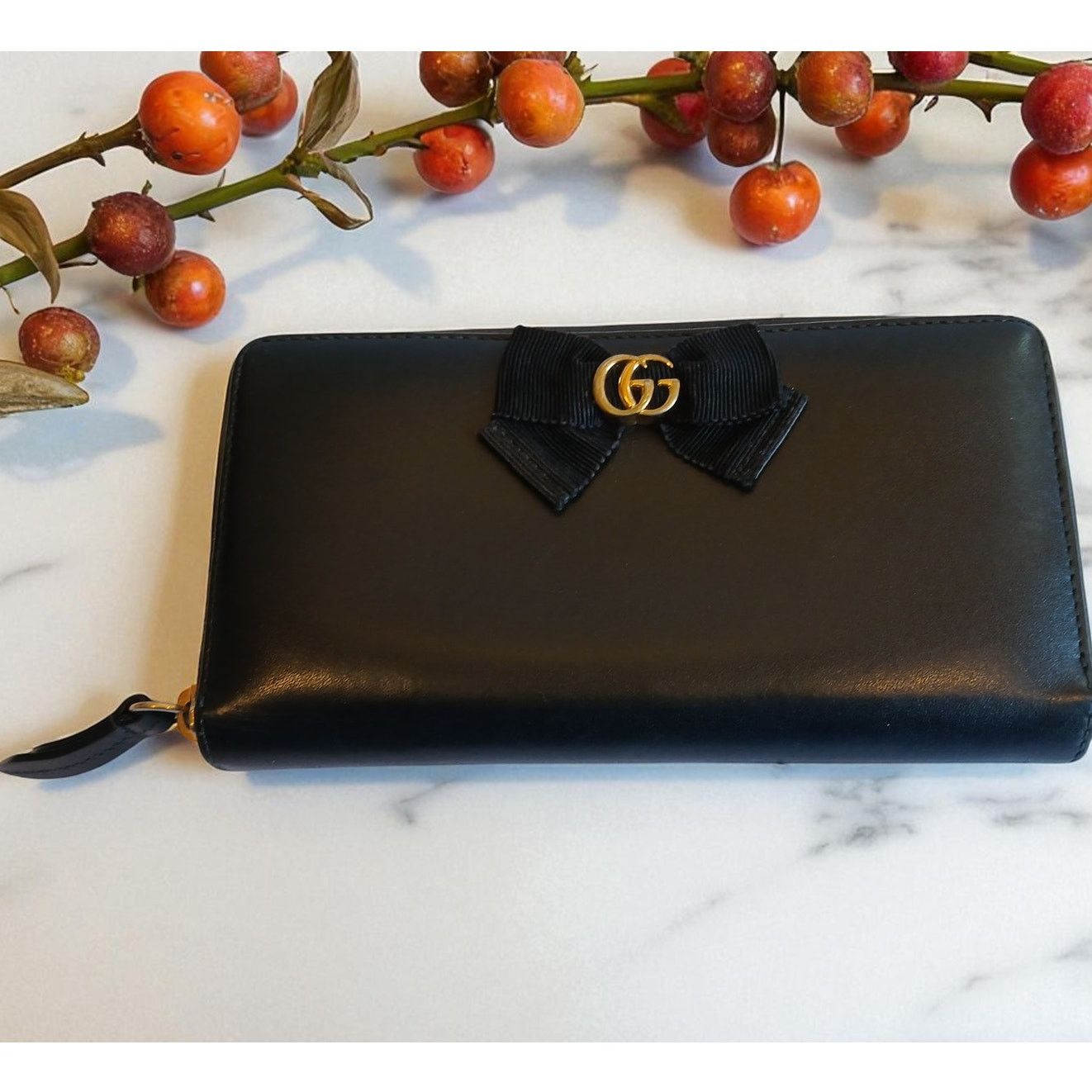 Gucci GUCCI GG Marmont Ribbon Wallet Zip Around Black Leather Size ONE SIZE - 1 Thumbnail