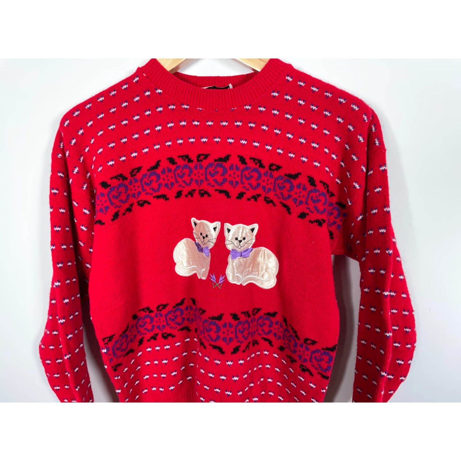 Vintage VINTAGE Jennifer Adams 80s Cat Sweater Women's Medium Red Chunky-Knit Pullover Novelty Kittens Geometric USA Size M / US 6-8 / IT 42-44 - 4 Thumbnail