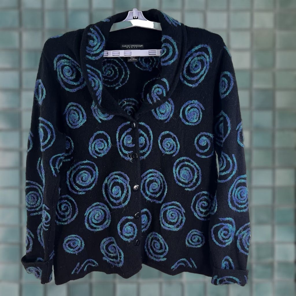 Vintage Sarah Spencer Geometric Art Lambswool Cardigan Womens 1X Black All Seasons Knit Sweater