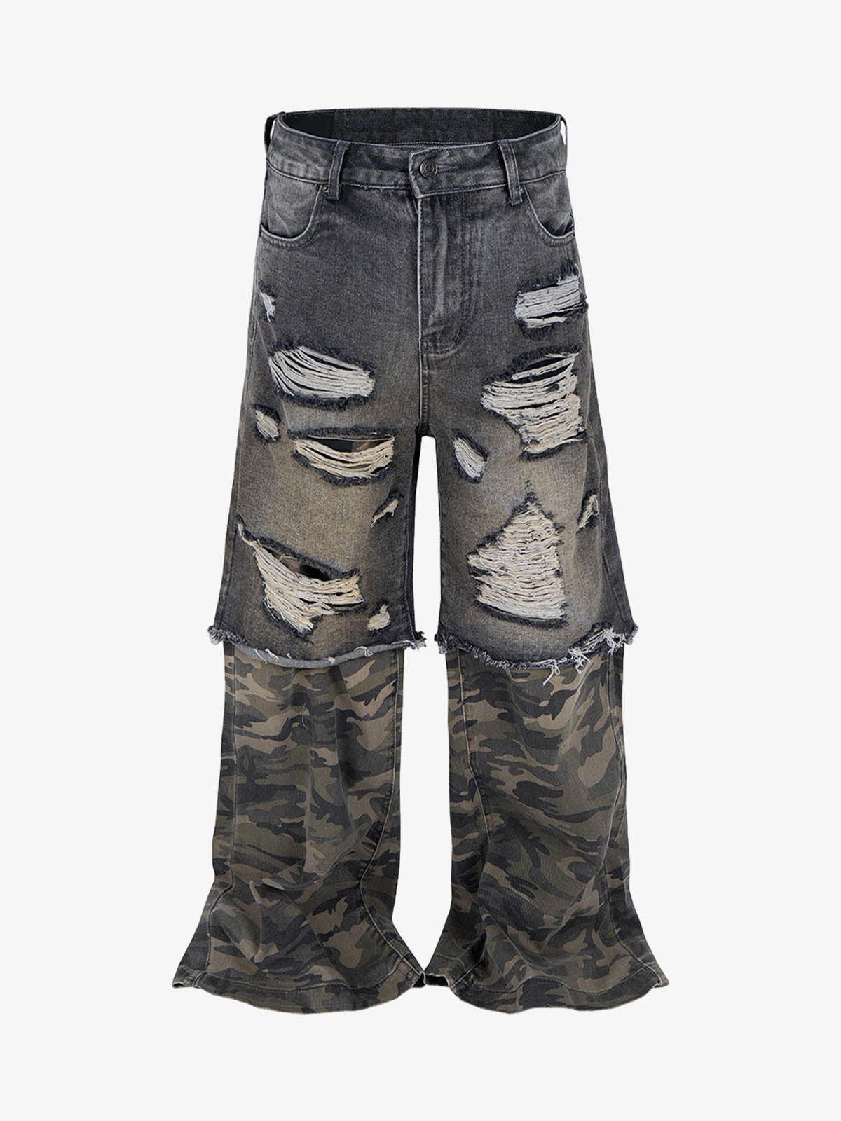 Camouflage Patchwork Flared Wide-leg Ripped Jeans