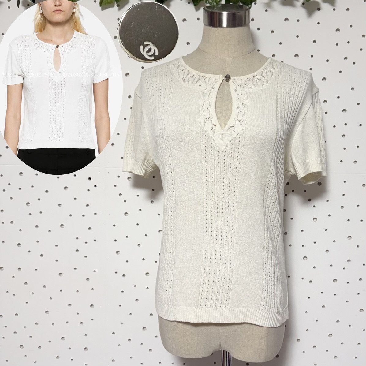 Chanel Chanel COCO button short sleeve knit sweater 42 off-white Size M / US 6-8 / IT 42-44 - 1 Thumbnail