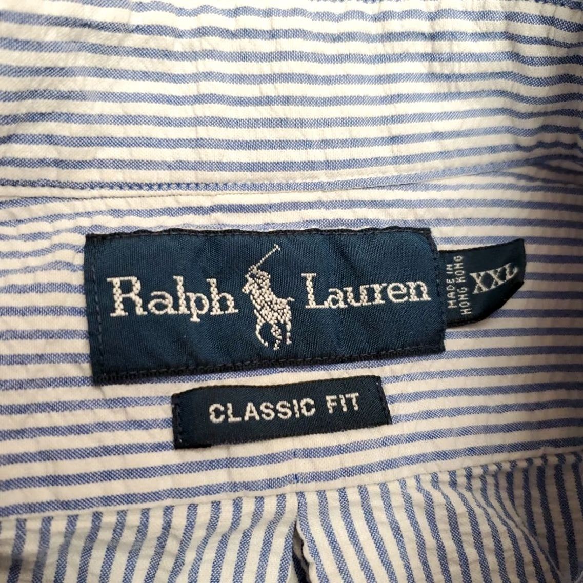 Ralph Lauren VINTAGE Ralph Lauren Shirt Mens 2XL Blue White Stripe Button-Up Short Sleeve Seersucker Crinkle 100% Cotton Logo Pattern Casual Mens Size US XXL / EU 58 / 5 - 4 Thumbnail