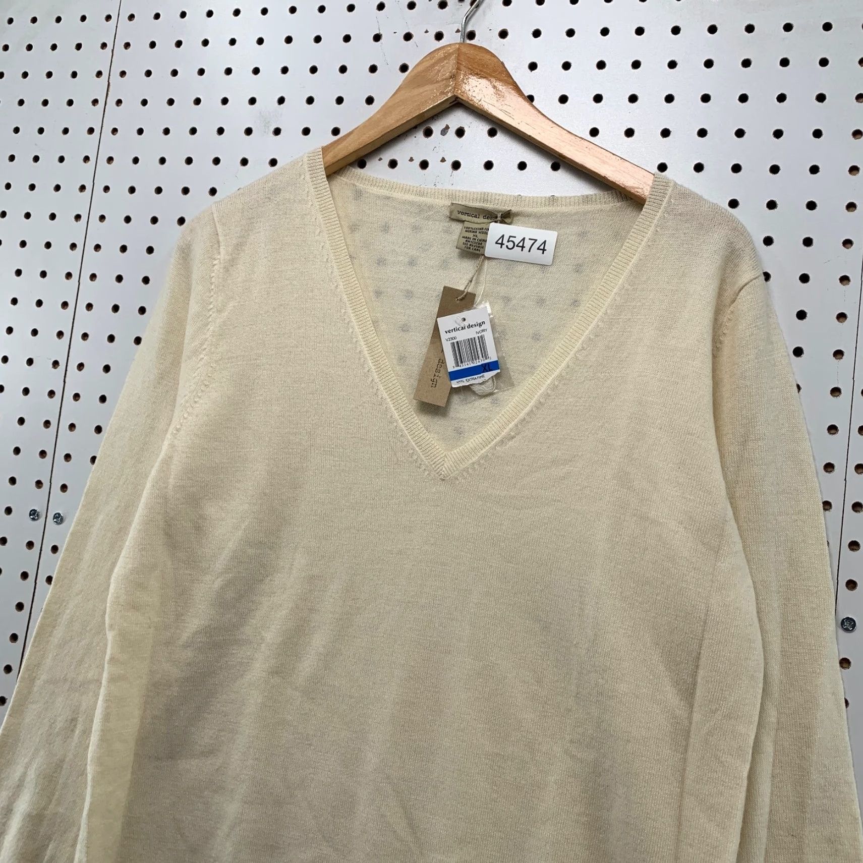 Vintage Vertical Design Sweater Womens XL Ivory Pockets 100% Merino V Neck Size XL / US 12-14 / IT 48-50 - 4 Thumbnail