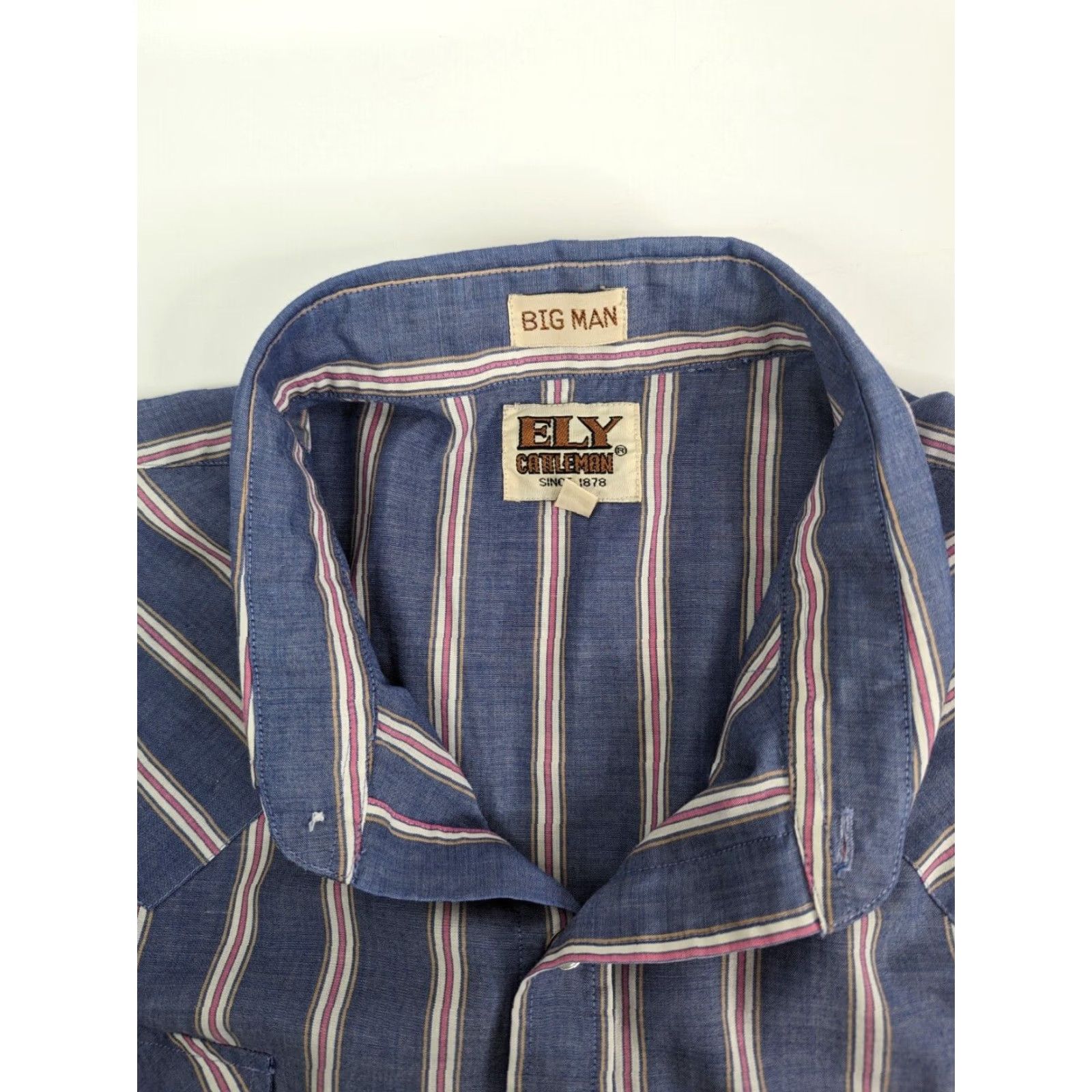 Vintage Ely Cattleman Shirt Adult Big 2X Blue Striped Short Sleeve Pearl Snap Cowboy Size US XXL / EU 58 / 5 - 6 Thumbnail