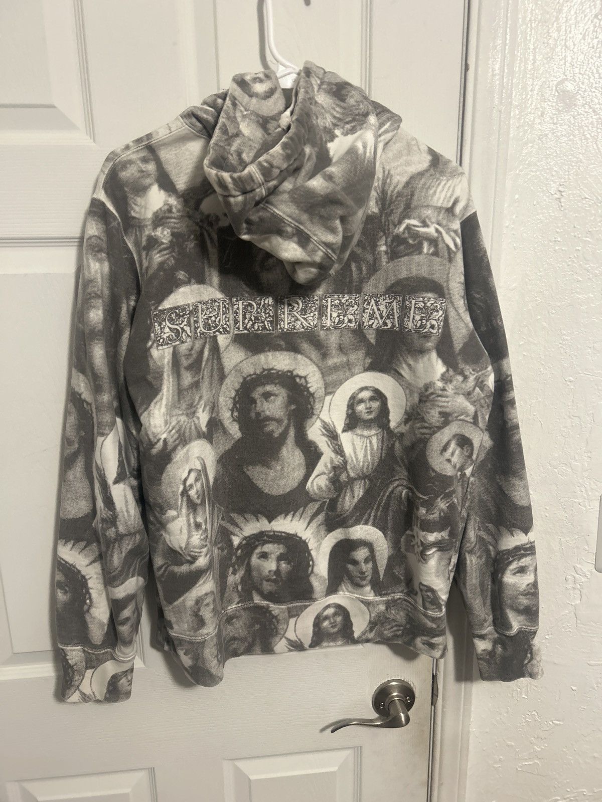 image of Supreme Jesus And Mary Hooded Sweatshirt in Grey, Men's (Size Medium)