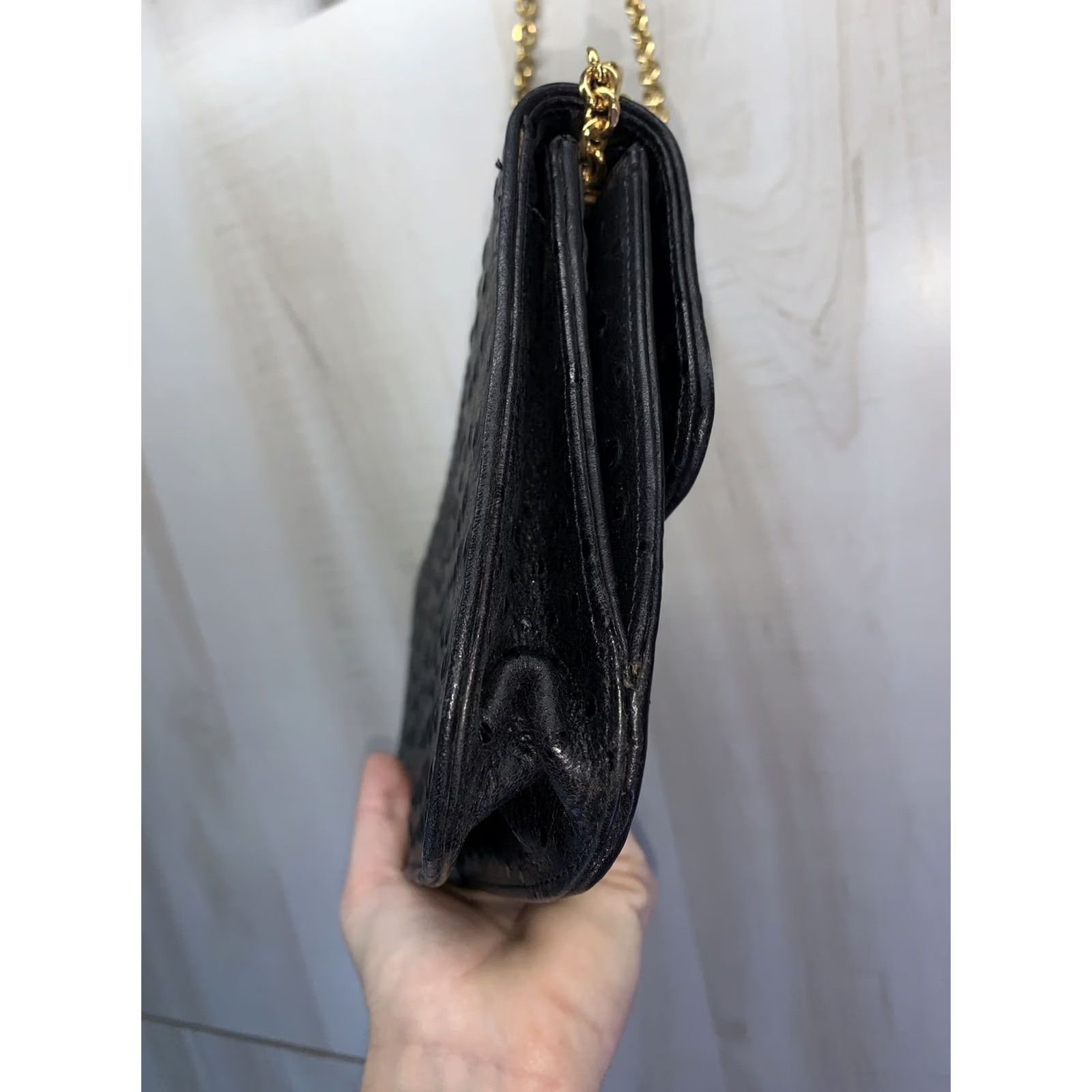 Neiman Marcus VINTAGE Neiman Marcus Women's Clutch Ostrich Leather Black Chain Clutch Small Bag Size ONE SIZE - 6 Thumbnail