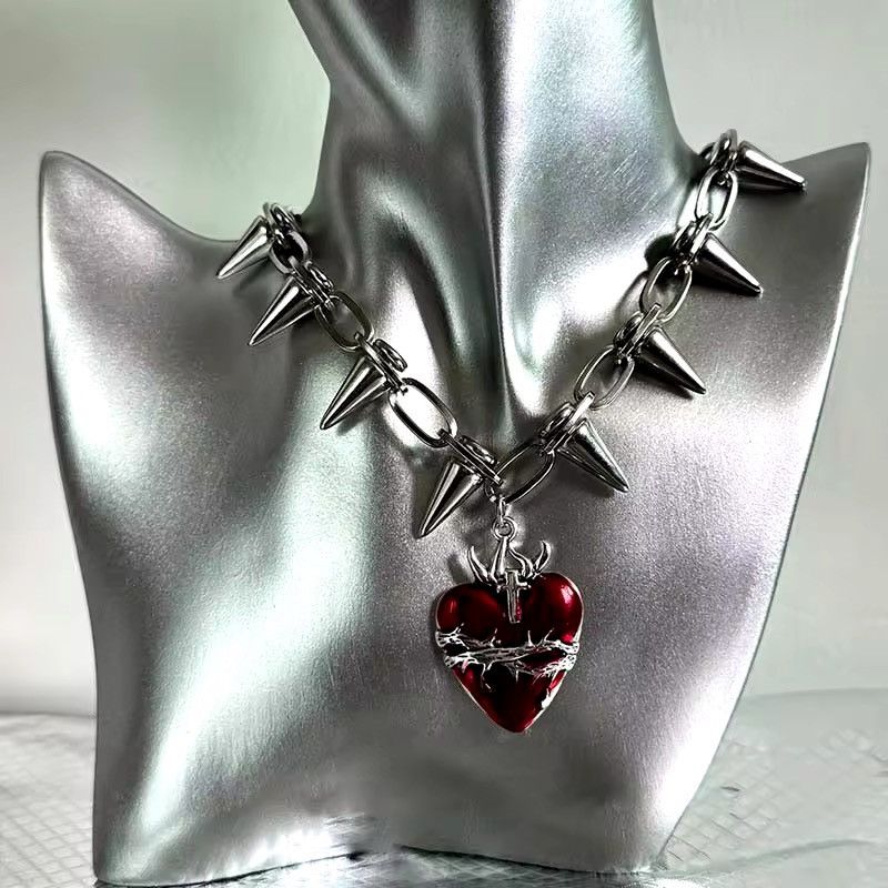 Jewelry Punk Gothic Skull Red Heart Necklace Chain Size ONE SIZE - 4 Thumbnail