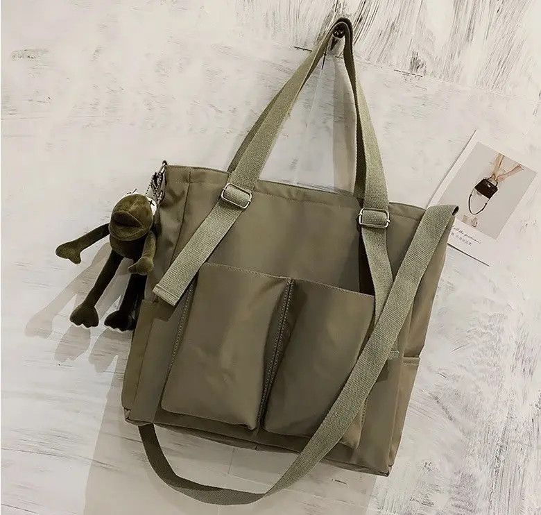 Japanese Brand Green Color Simple Fashion Nylon Canvas Tote Bag Size ONE SIZE - 4 Thumbnail