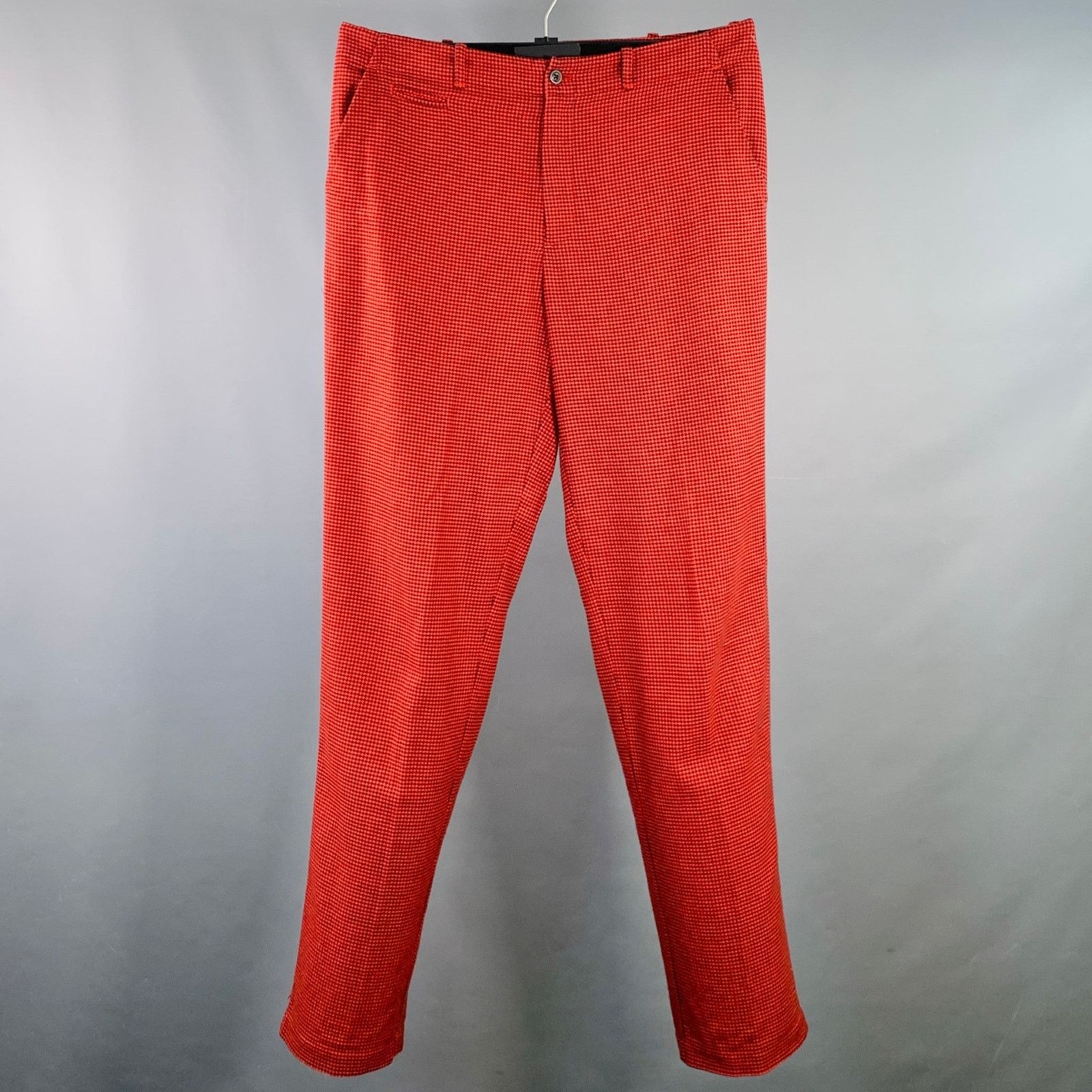 Red Black Houndstooth Cotton Straight Zip Fly Dress Pants
