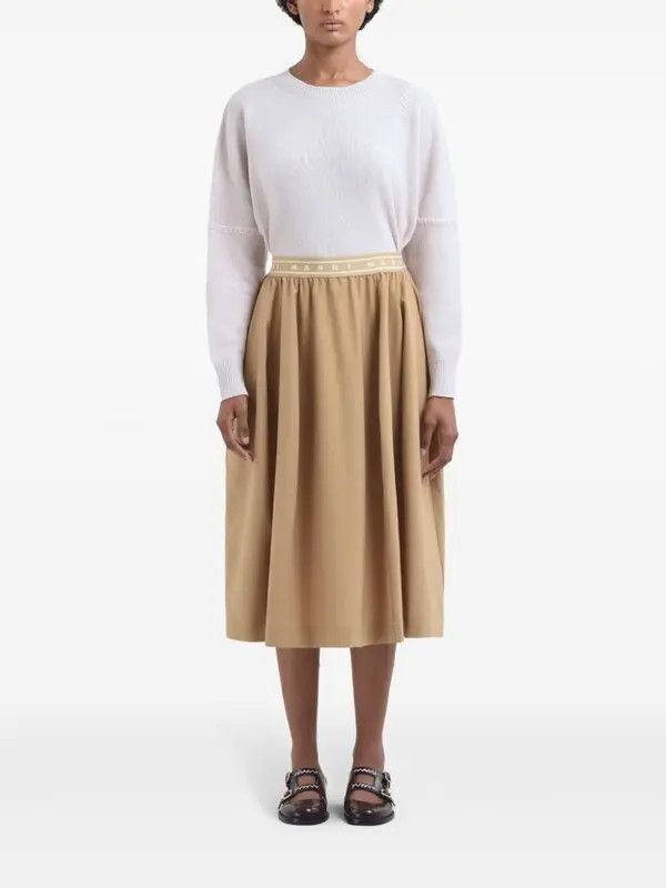 Marni o1w1db10326 Logo Waistband Midi Skirt in Beige Size 25" / US 0 / IT 36 - 3 Thumbnail