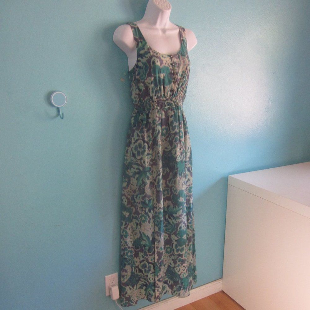Anthropologie Maeve Summer Silk Tank Dress XS Green Blue Maxi