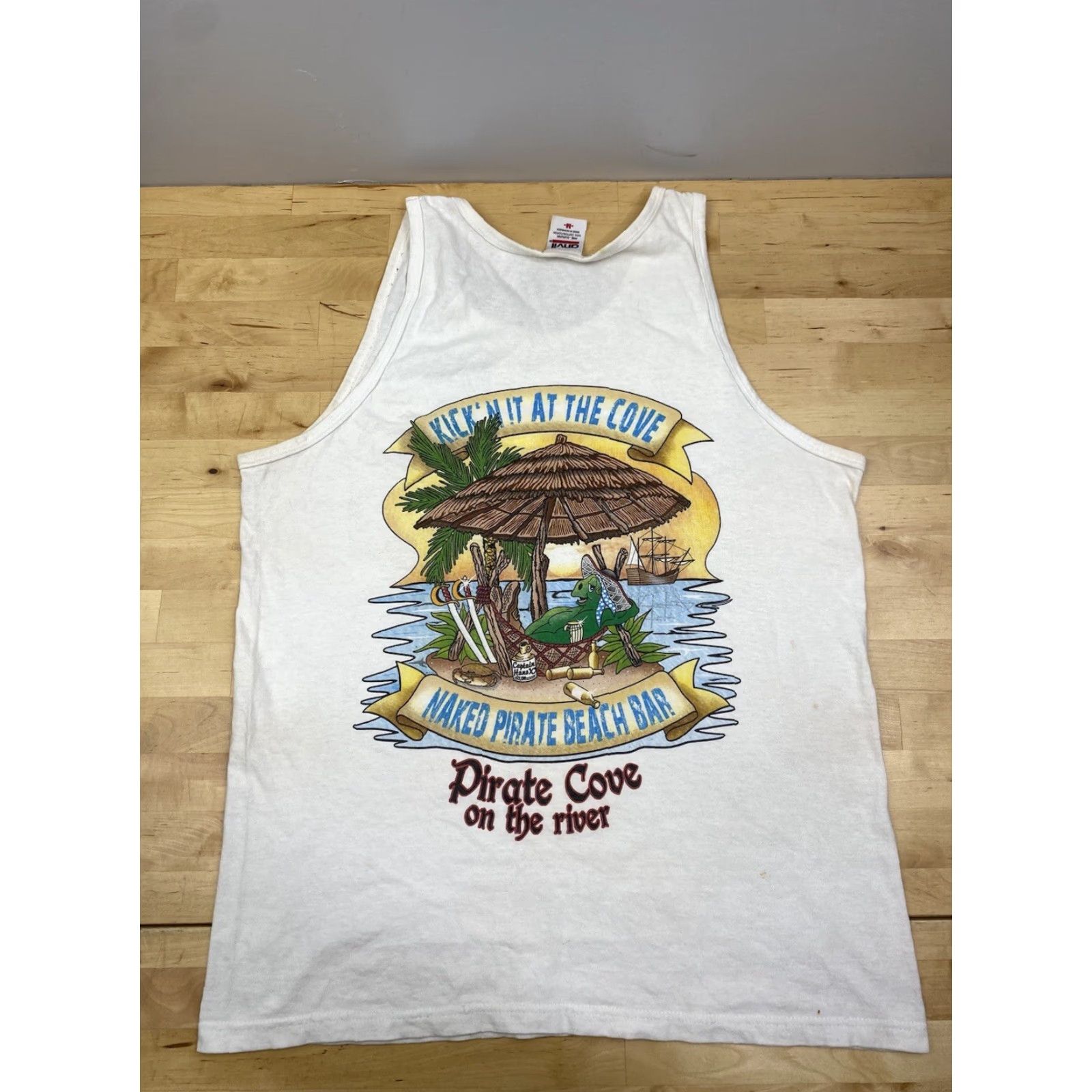 Anvil VINTAGE Anvil White Cotton Graphic Tee Tank Top Pirate Cove on the River M 1990s Beach Boys Womens Men? Size US M / EU 48-50 / 2 - 3 Thumbnail