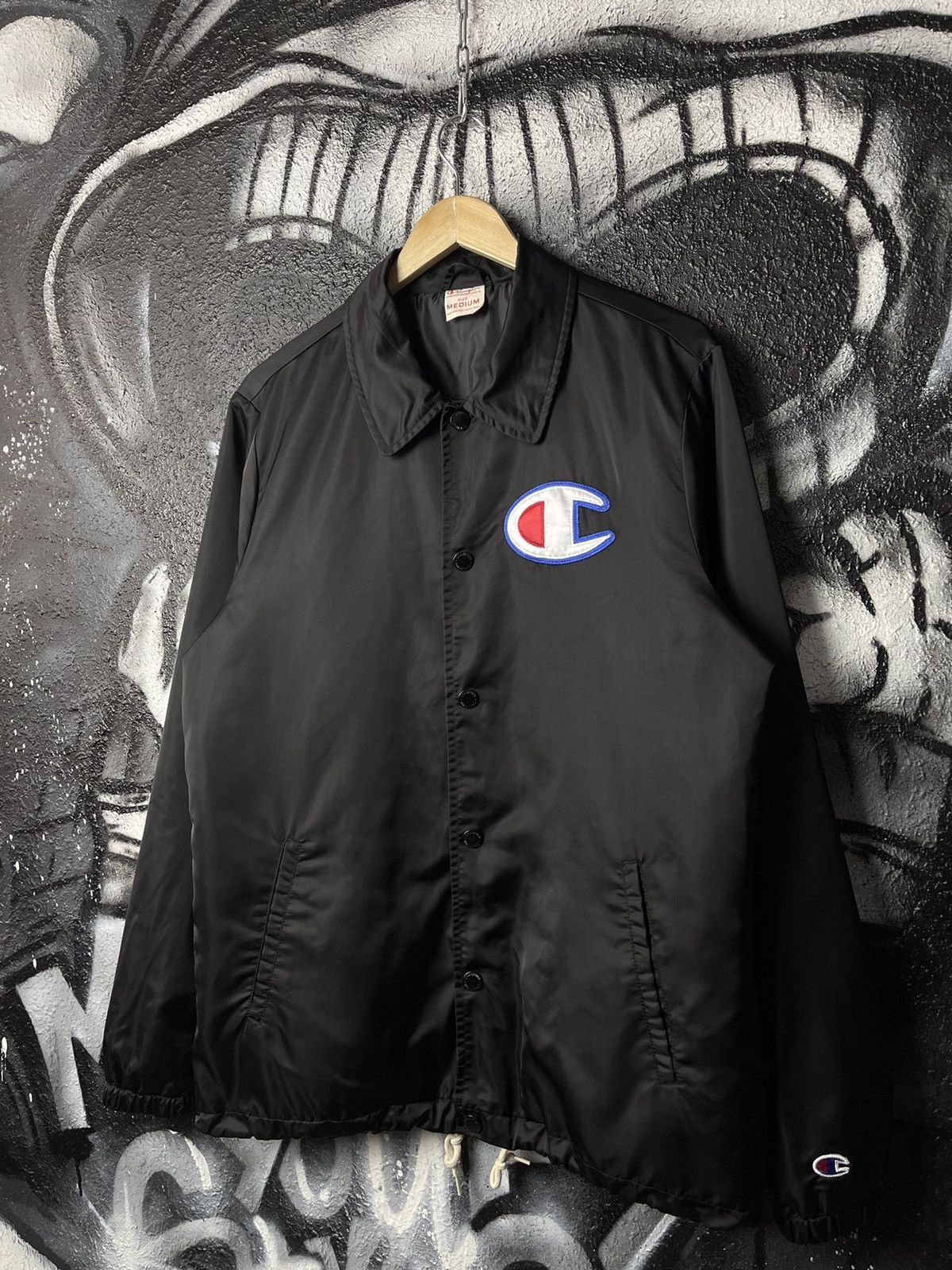 Champion Reverse Weave Heavy Black Satin Coach Jacket Size M