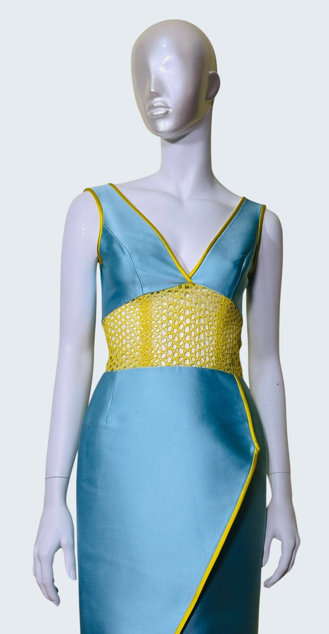 Other Angel Sanchez Blue Silk Dress with Yellow Embellished Waist Size M / US 6-8 / IT 42-44 - 2 Thumbnail
