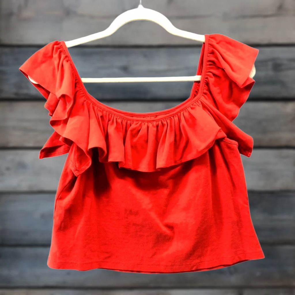 United Colors Of Benetton United Colors Of Benneton Off Shoulder Ruffle Top Womens L Red Cropped Cotton Blouse Sleeveless Knit Spring Summer Casual Size L / US 10 / IT 46 - 1 Thumbnail