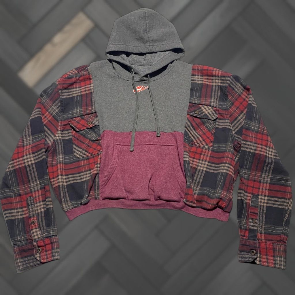 Fruit Of The Loom VINTAGE Nike Patch Reworked Cropped Hoodie Plaid Flannel Hybrid Grey Red S Hip Women? Size S / US 4 / IT 40 - 1 Thumbnail