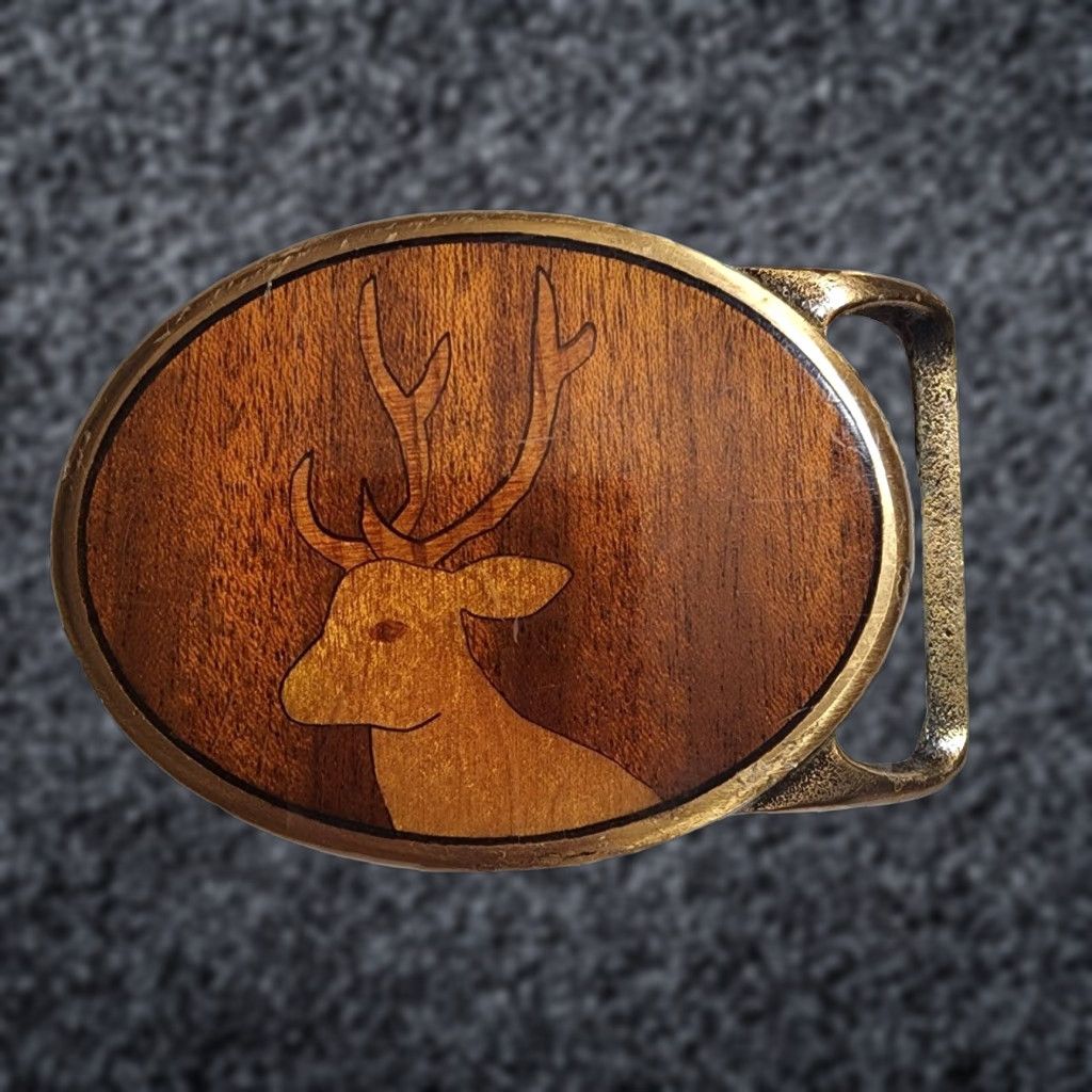 Vintage VINTAGE Deer Head Belt Buckle Gold Tone Solid Brass Wood Inlay Adult Unisex 1970s 1980s Animal Jewelry Accessories Mens Womens Boys Girls Size ONE SIZE - 1 Thumbnail