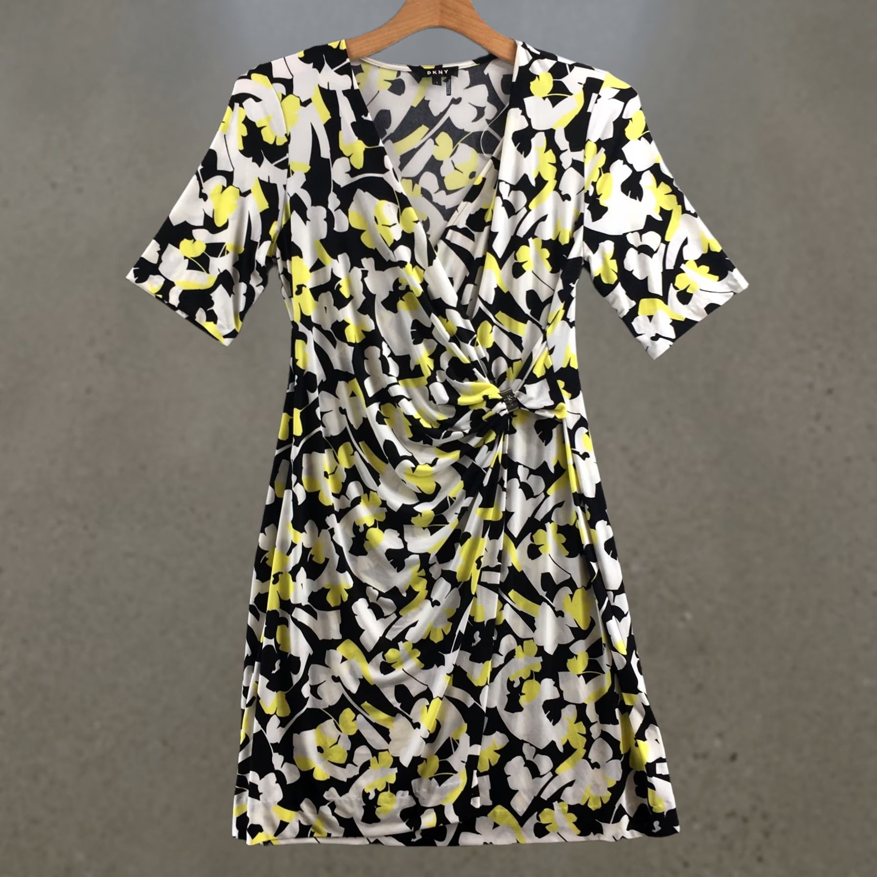 DKNY DKNY Dress Womens L Floral Yellow Black White Faux Wrap Ruched Elbow Sleeve Knee Length Casual Womens Size L / US 10 / IT 46 - 1 Thumbnail
