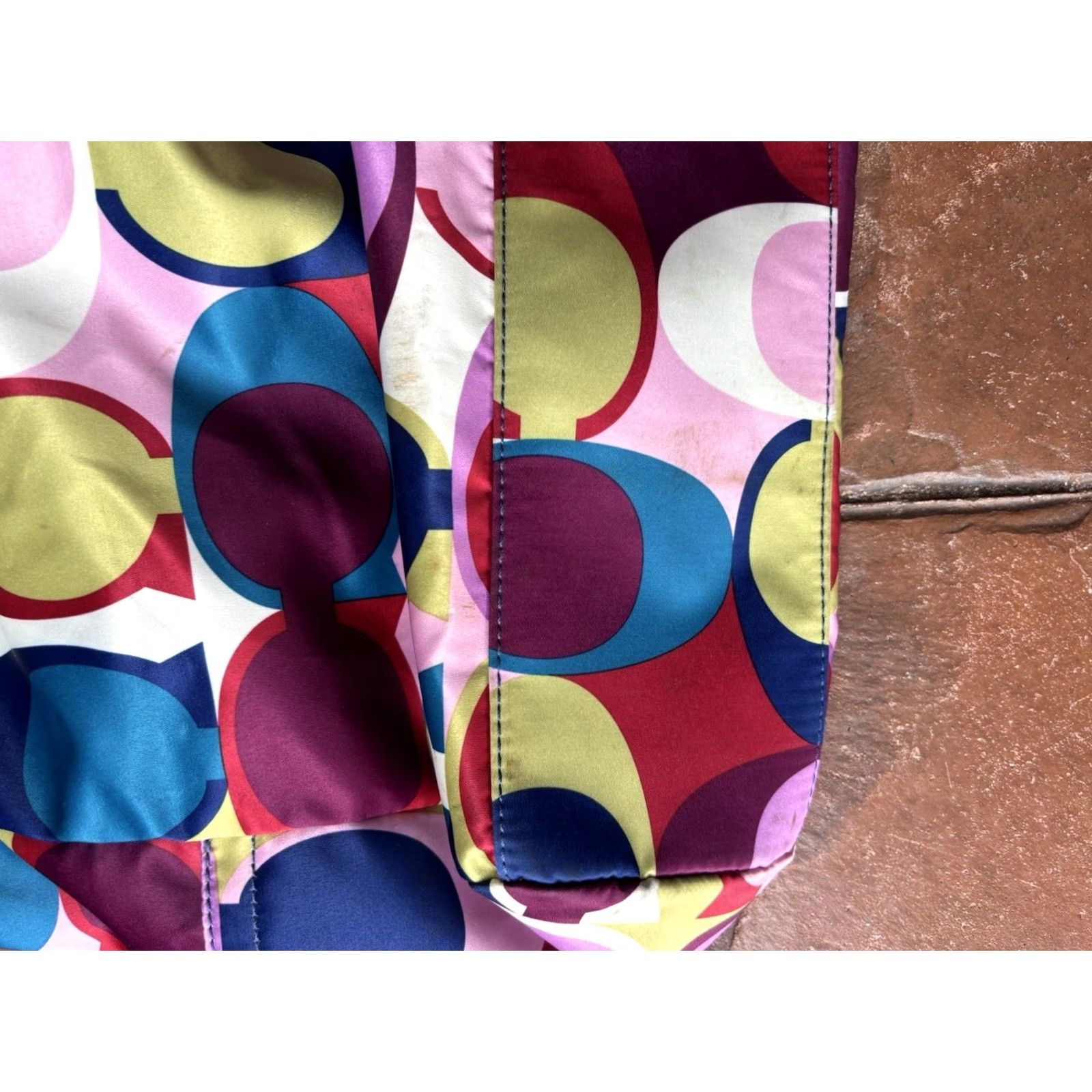 Coach Coach Poppy Signature Sateen Large Tote Shoulder Bag Scarf Print Bag Charm Multicolor Satin Leather Blue Handles Womens Shoulder Bag Medium Size ONE SIZE - 6 Thumbnail