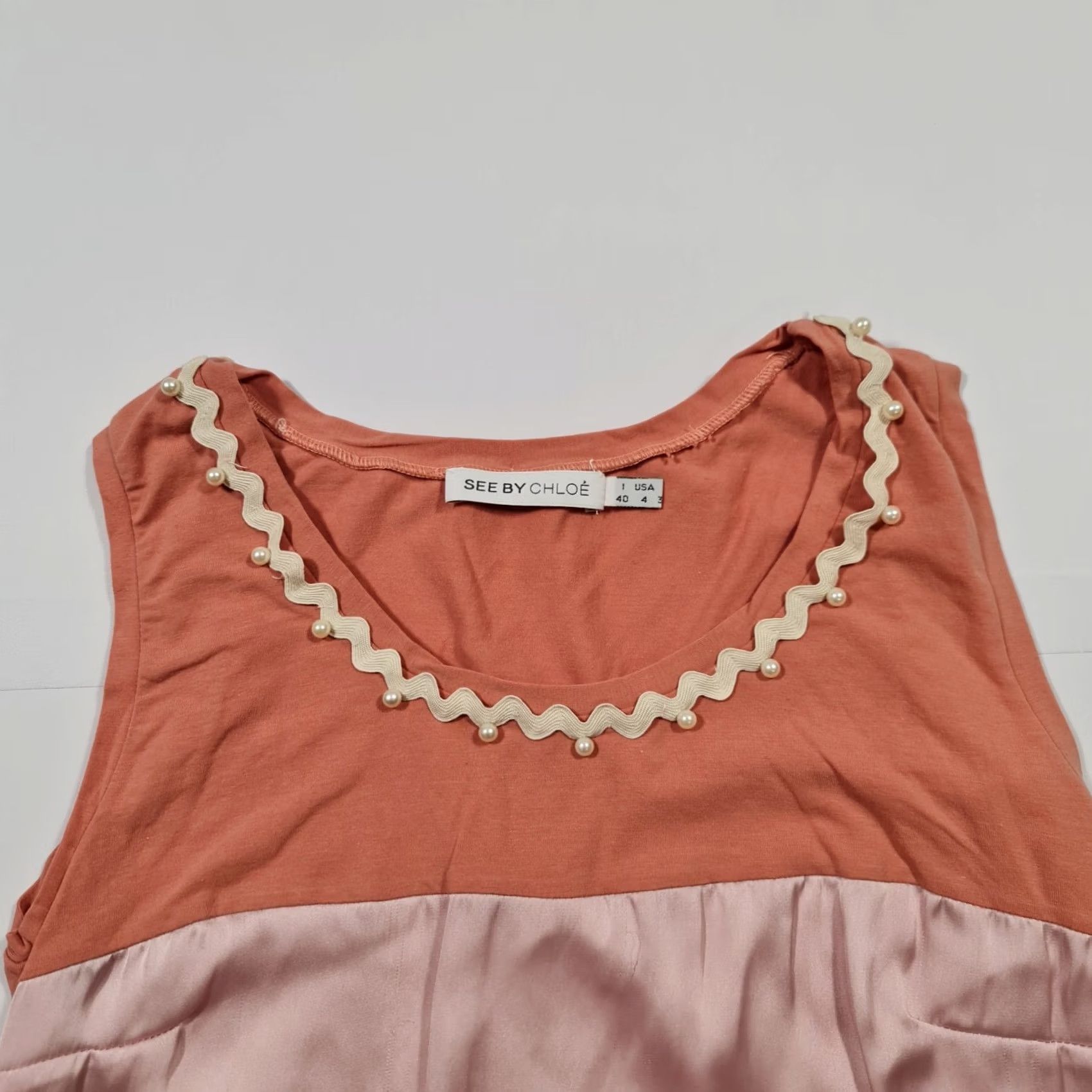 Vintage See by Chloe Dress Womens Short Sleeveless Striped Pink Round Neck Mini 8 UK Casual Party/Cocktail Size M / US 6-8 / IT 42-44 - 2 Thumbnail
