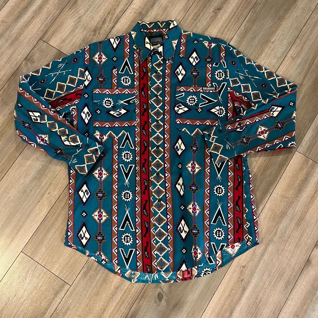 Wrangler Vintage Rough Riders Blue Pattern Western Buttonup Men Large Size US L / EU 52-54 / 3 - 1 Thumbnail