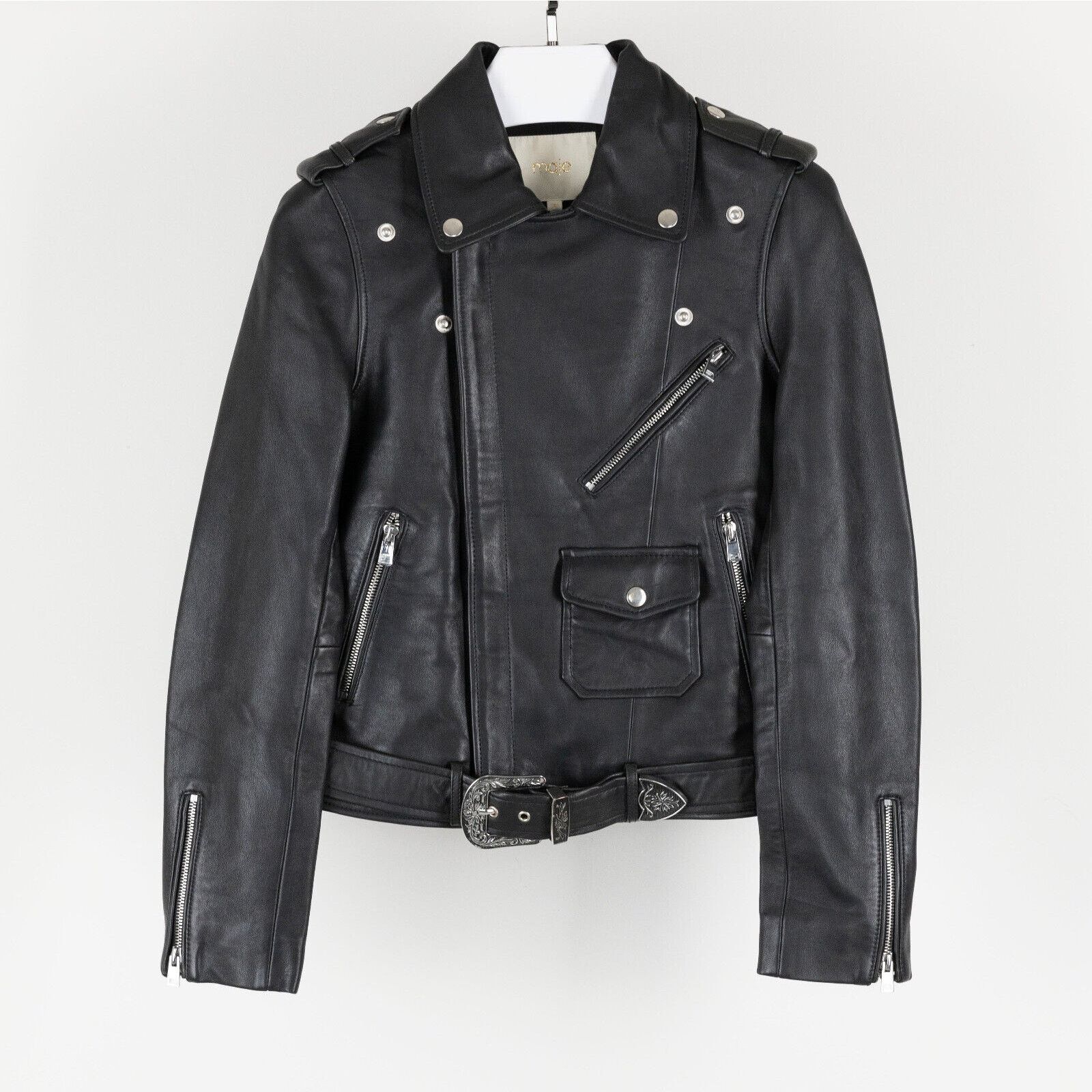 Maje Maje Women Bocel Leather Moto Jacket Black Size 38/6US Size XS / US 0-2 / IT 36-38 - 1 Thumbnail