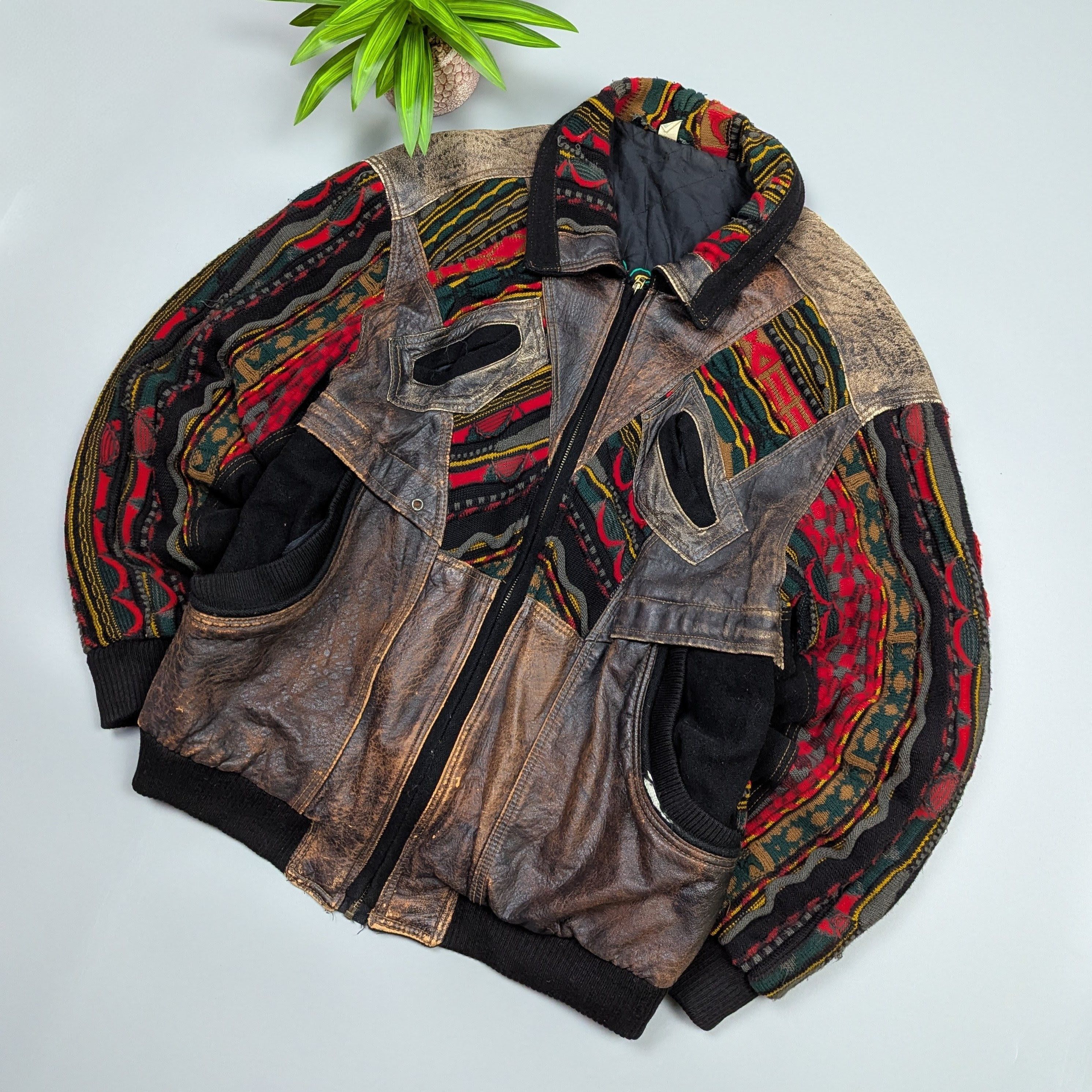 Vintage Roger Springfield Vintage 80s Leather×Knit Patchwork Bombe Size US L / EU 52-54 / 3 - 2 Thumbnail