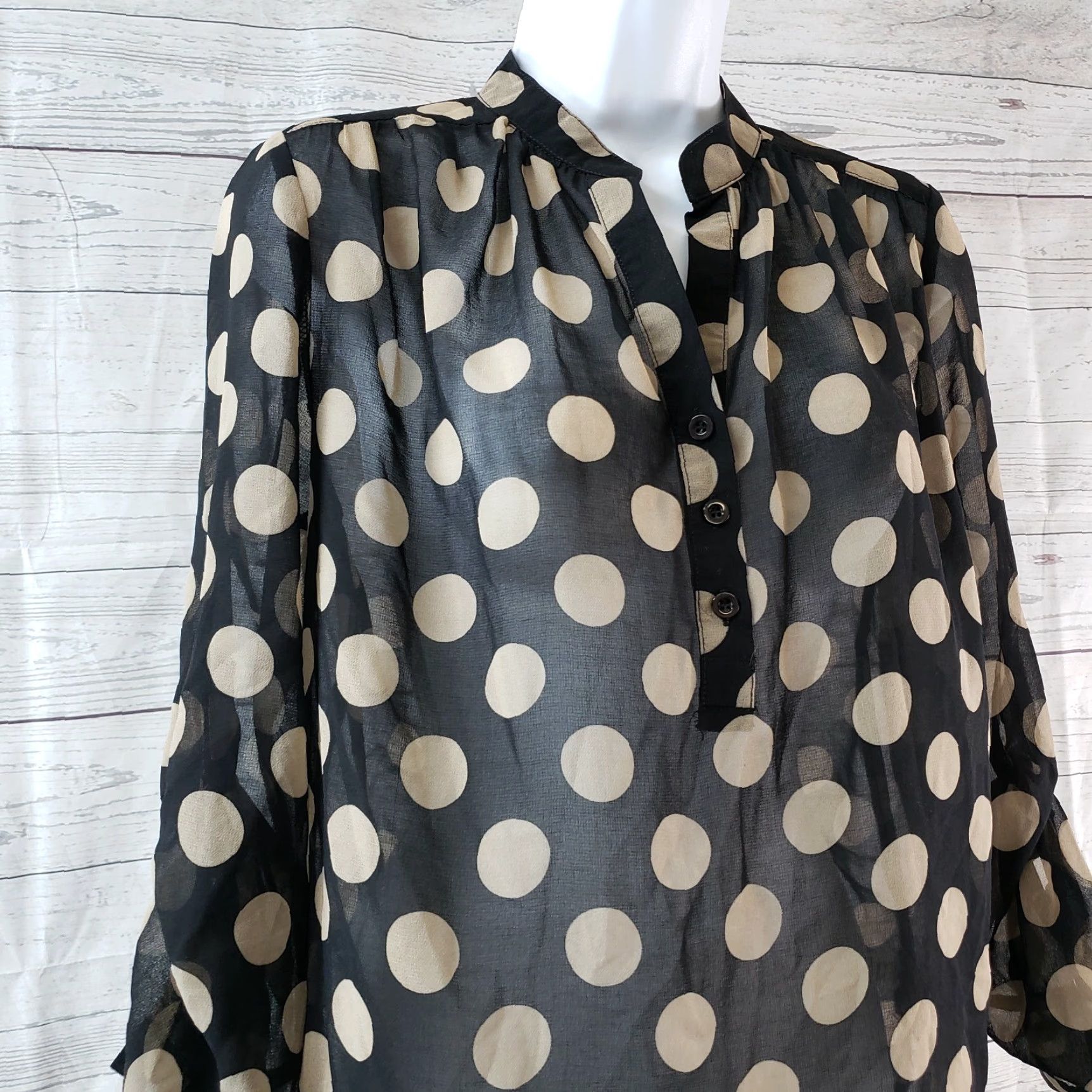 Vintage 41Hawthorn Blouse Polka Dot Sheer Black Tan Womens XS S Regular Long Sleeve Button Tabbed Sleeve Shirt Size S / US 4 / IT 40 - 2 Thumbnail