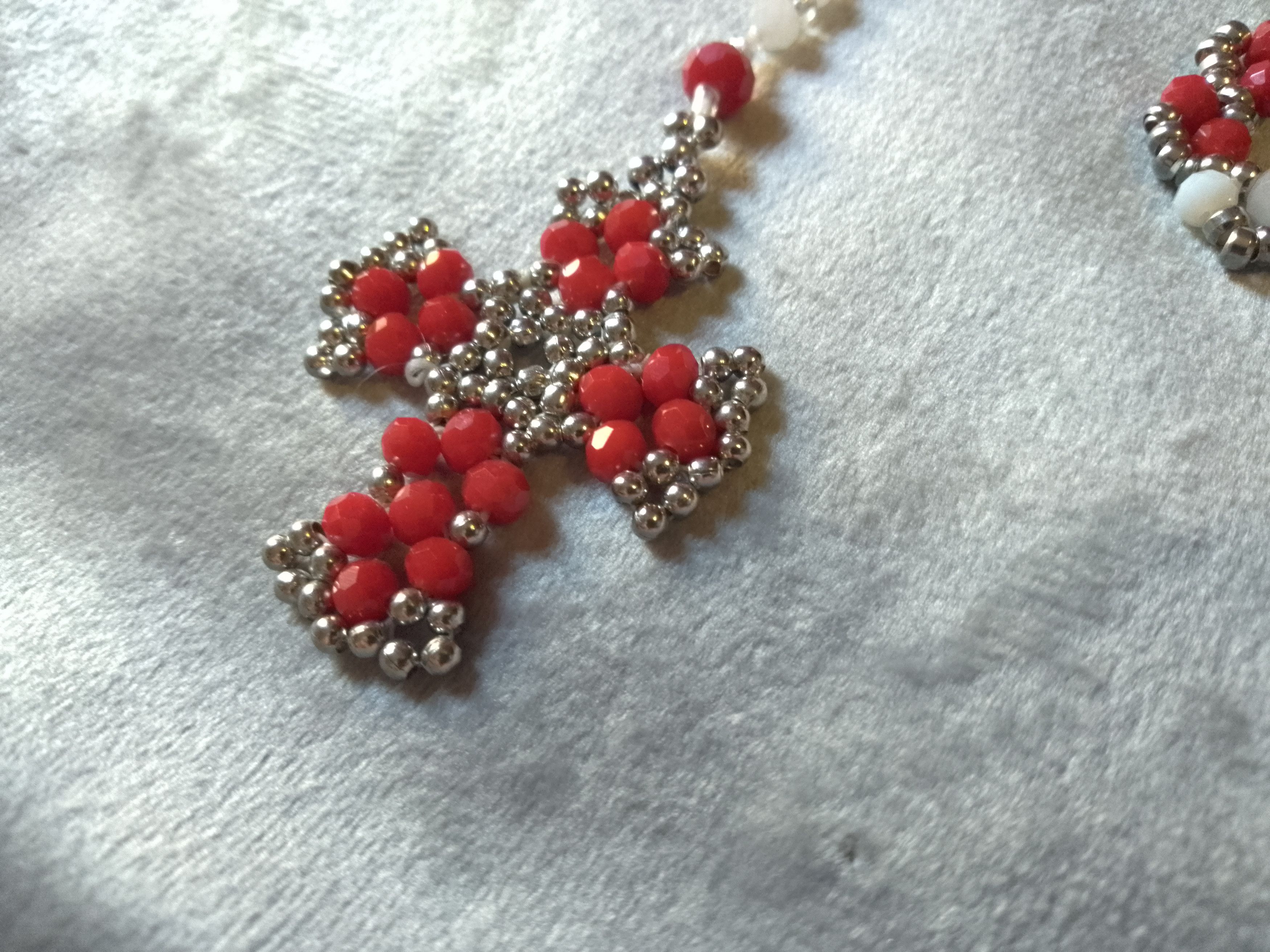 Handmade Necklace/Rosary White/Red Crystal. Cross Earrings Size ONE SIZE - 2 Thumbnail