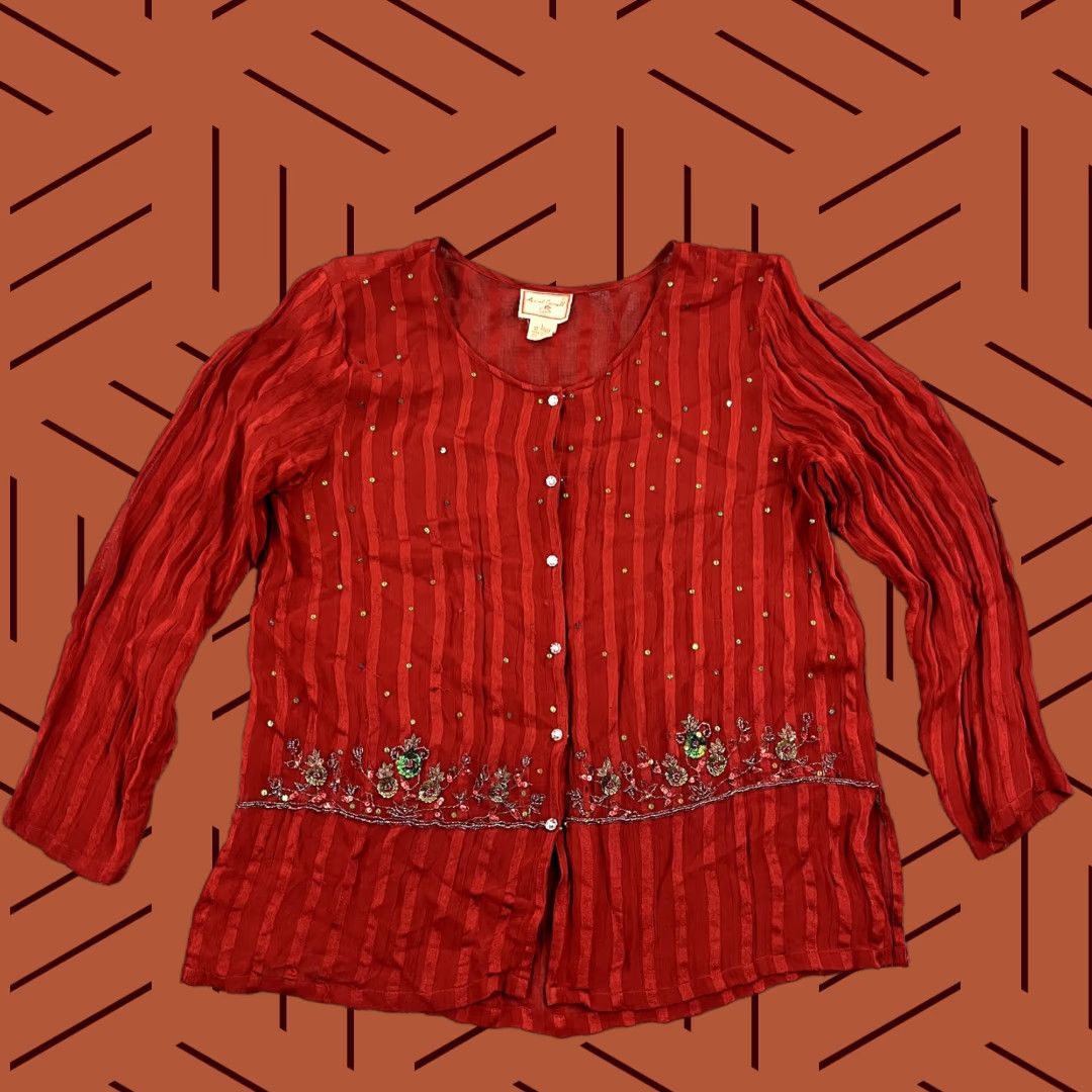 Vintage April Cornell Women's Button-Up Blouse Large Red Sequin Sheer Casual, Workwear, Travel Size L / US 10 / IT 46 - 1 Thumbnail