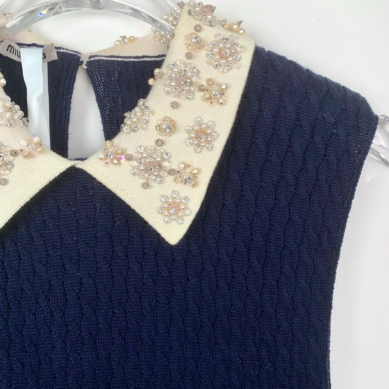 Miu Miu MiuMiu Beaded Collar Blue Sleeveless Knit Dress Size ONE SIZE - 3 Thumbnail