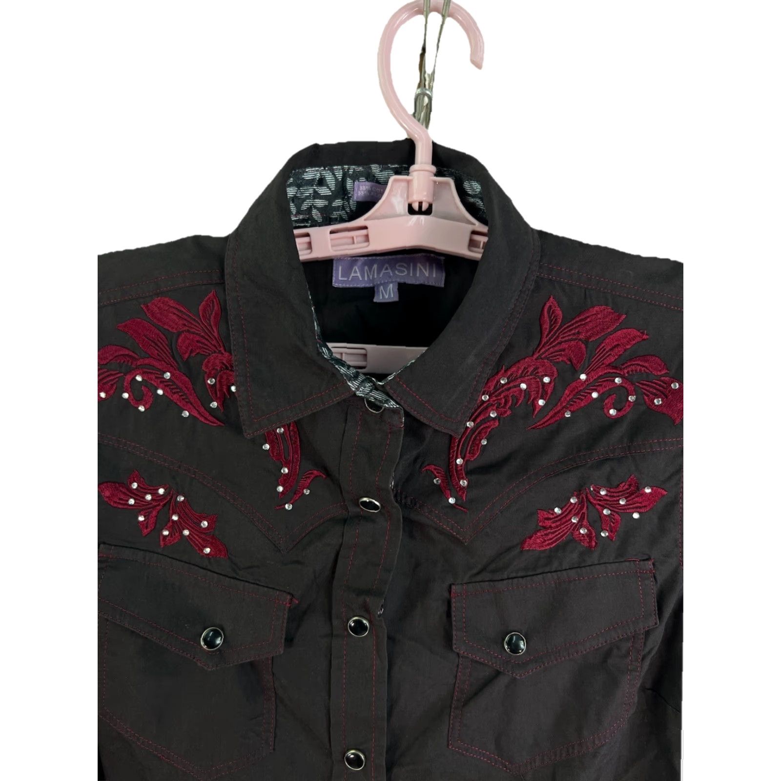 Vintage Lamasini Western Shirt Women M Black Beaded Embroidery Cowgirl Button-Up Long Sleeve Size M / US 6-8 / IT 42-44 - 3 Thumbnail